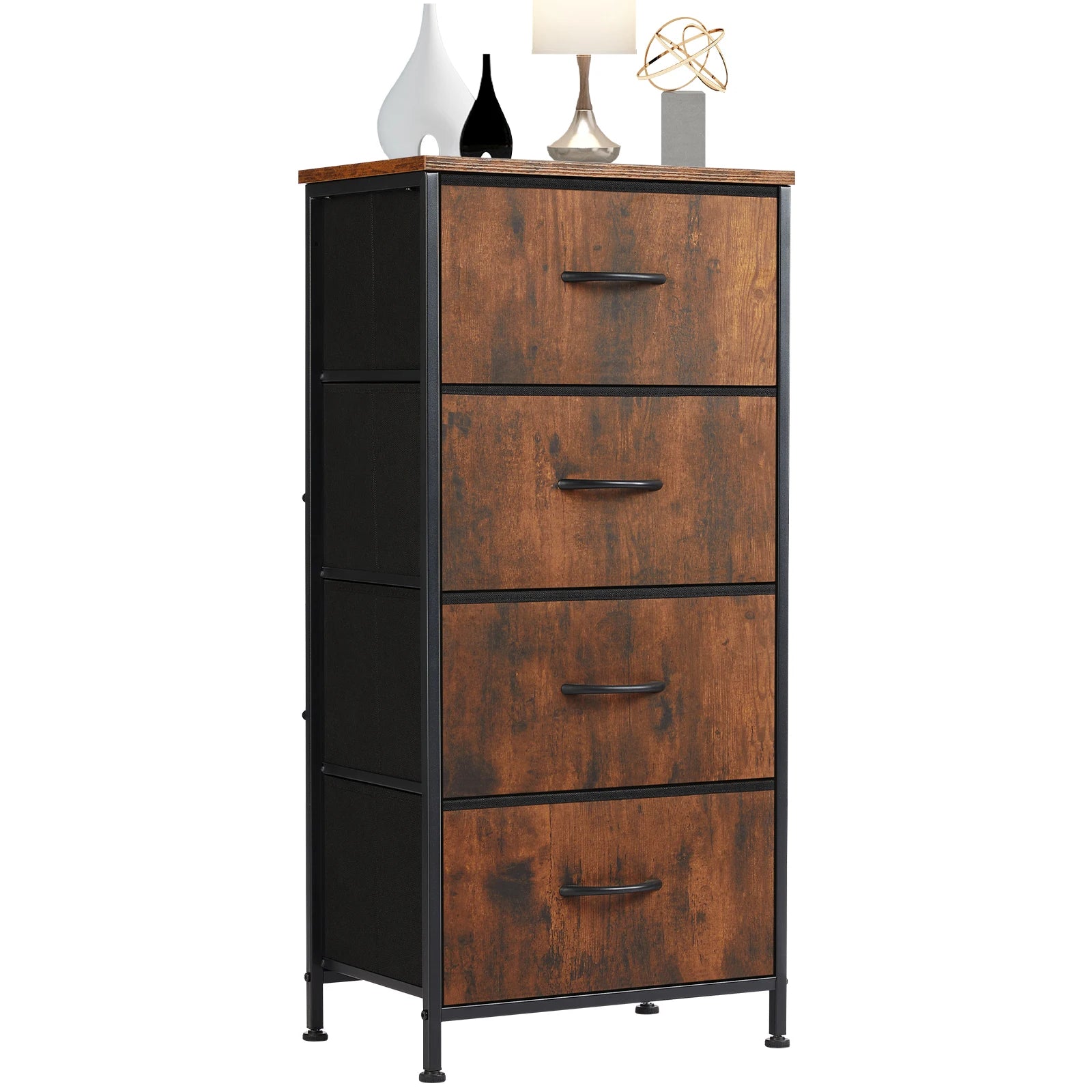 JHK Dresser For Bedroom With 4 Fabric Drawers Nightstand Wardrobe Steel Frame Closet For Clothes Storage Cabinet Of Furniture
