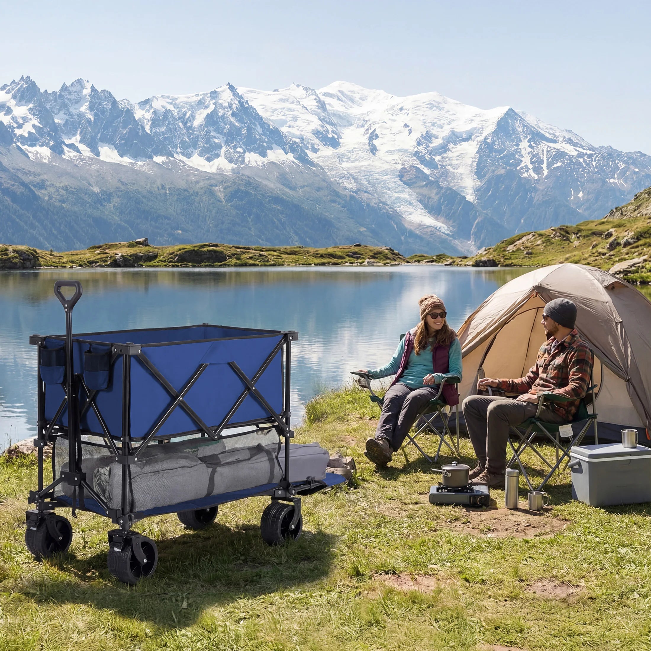 JHK Outdoor Wagons Cart Double Decker 440 lbs Large Capacity Collapsible Foldable Garden Beach Cart for Grocery Garden Camping