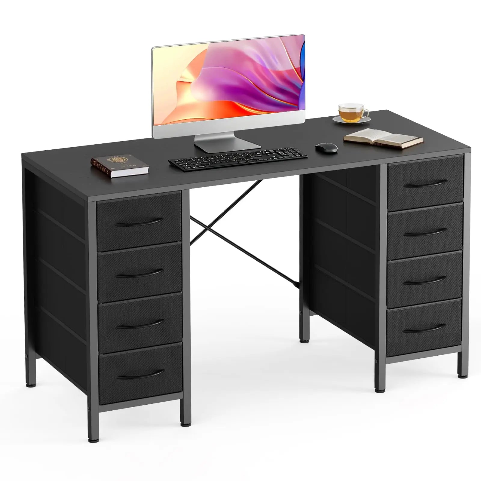 JHK 47 Inch Computer Desk with 8 Fabric Drawers Office Gaming Desk Writing Study Table with X-Shaped Reinforced Structure
