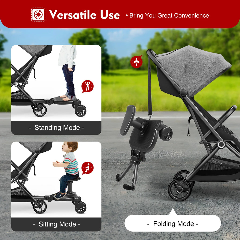 Universal 2-in-1 Stroller Board And Seat Pram Pedal Adapter for Kids - Detachable Safety Ride Board for Pushchair with 25kg Load