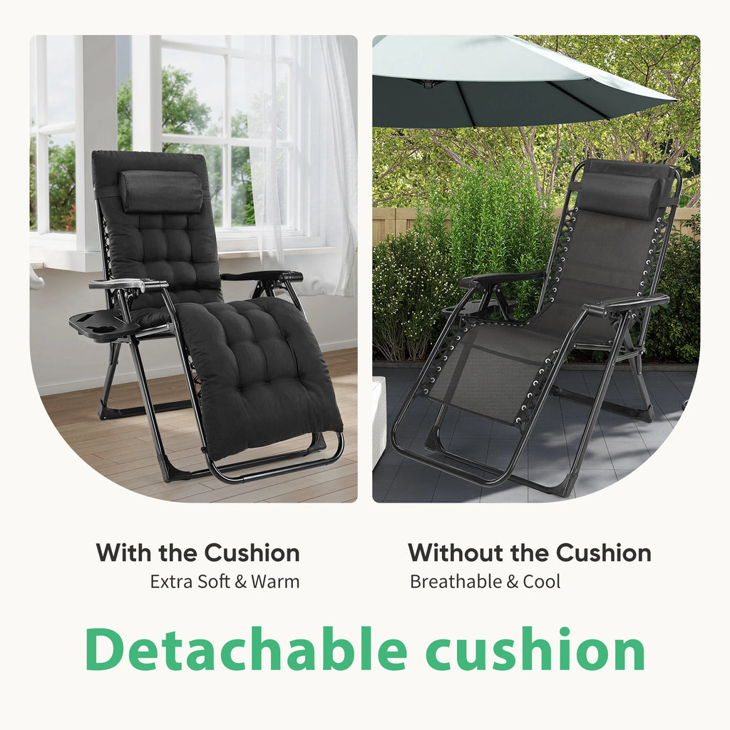 JHK Oversized Zero Gravity Cotton Padded Reclining Chair Foldable Lounge Chair with Adjustable Pillow Cup Holder For Patio