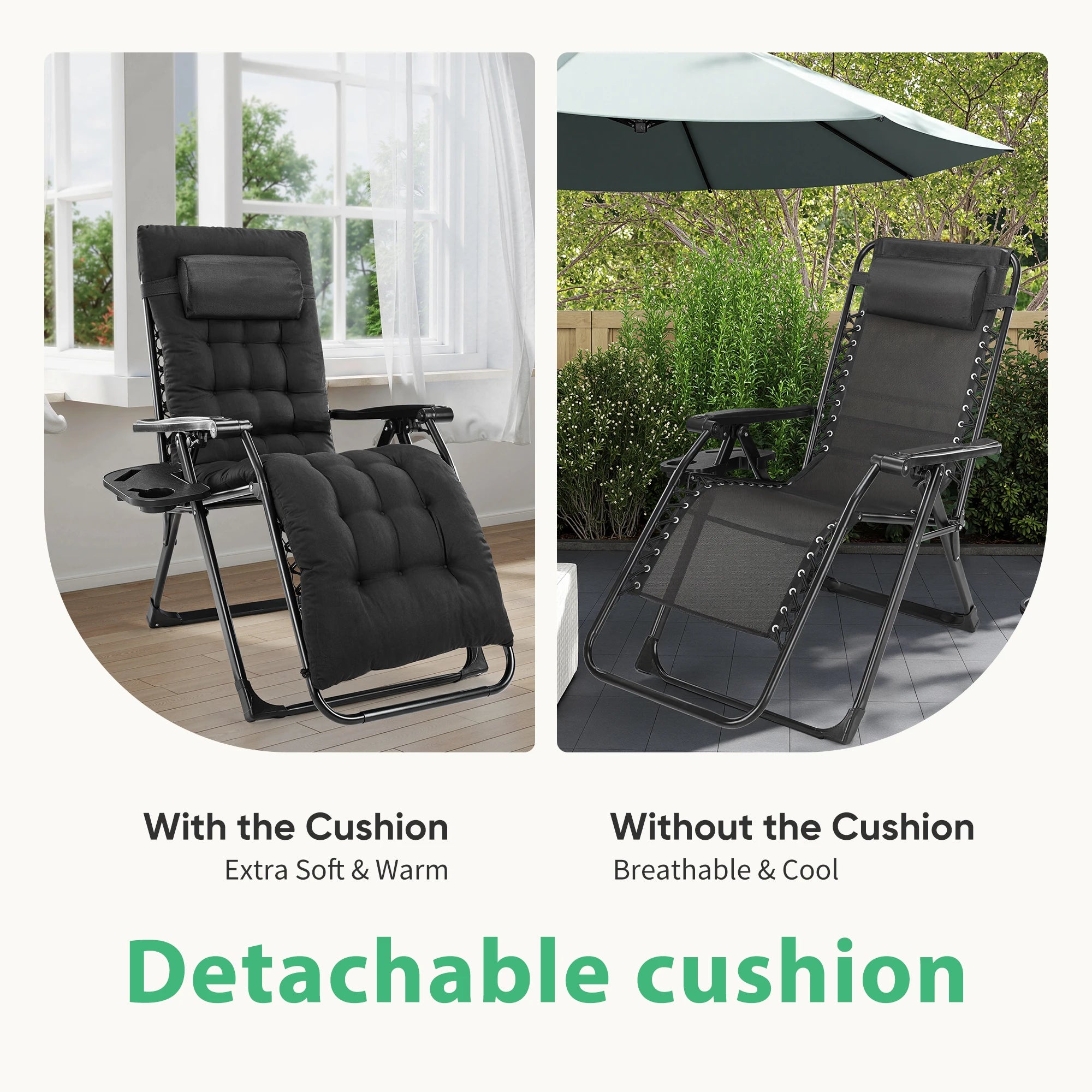 JHK Oversized Zero Gravity Cotton Padded Reclining Chair Foldable Lounge Chair with Adjustable Pillow Cup Holder For Patio
