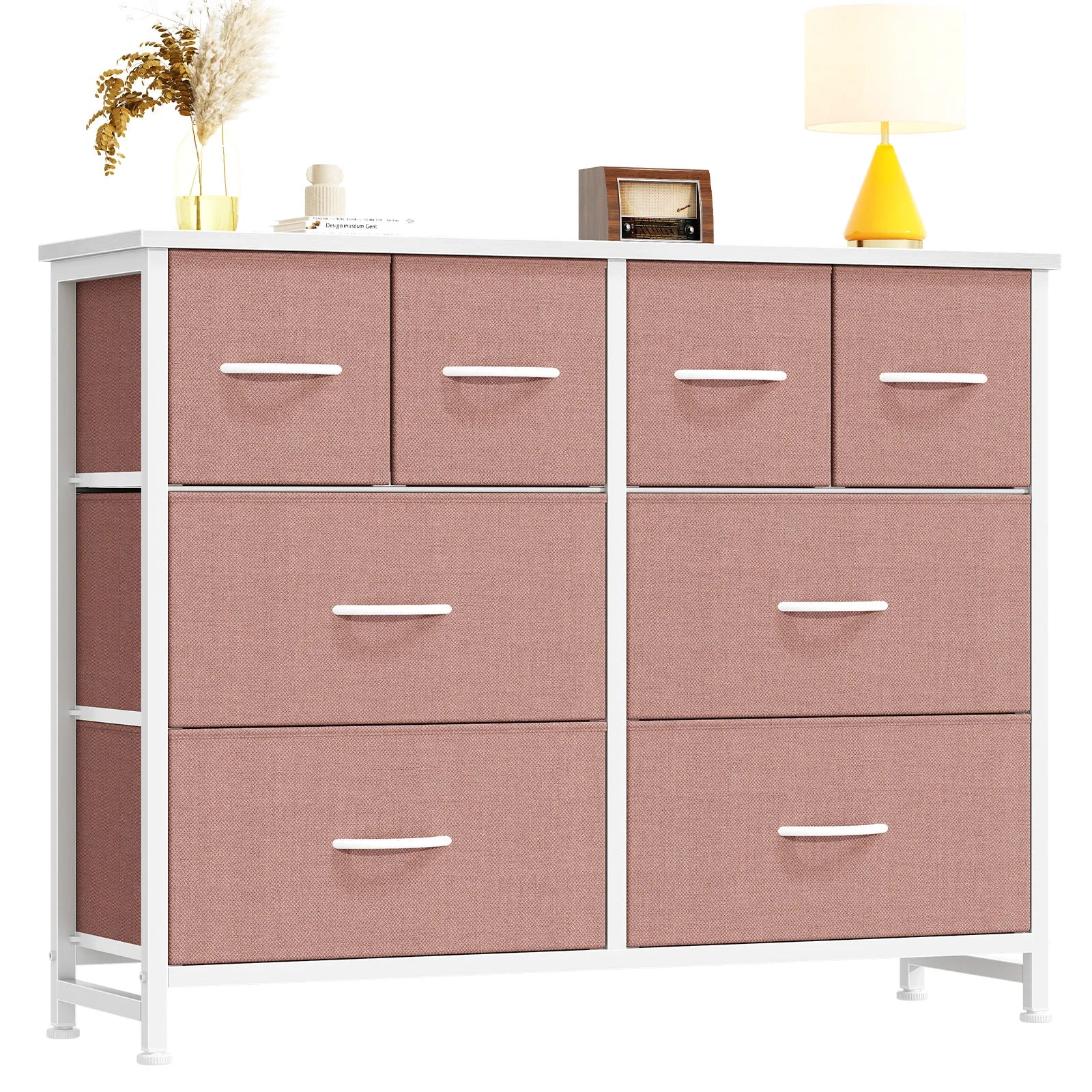 JHK Cabinet For Living Room With 8 Fabric Drawers Spacious Storage Tower for Closet TV Stand with Wood Top and Mental Frame