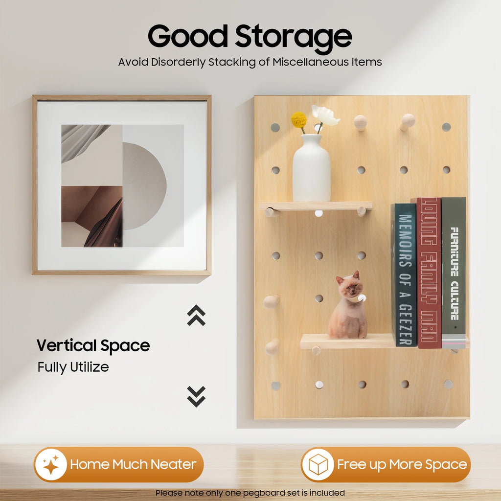 Wall Mount Wood Pegboard, Natural Wood Storage Display Shelf Wall Organizer, Kitchen Office DIY Tool Board Panel Rack Load 10kg