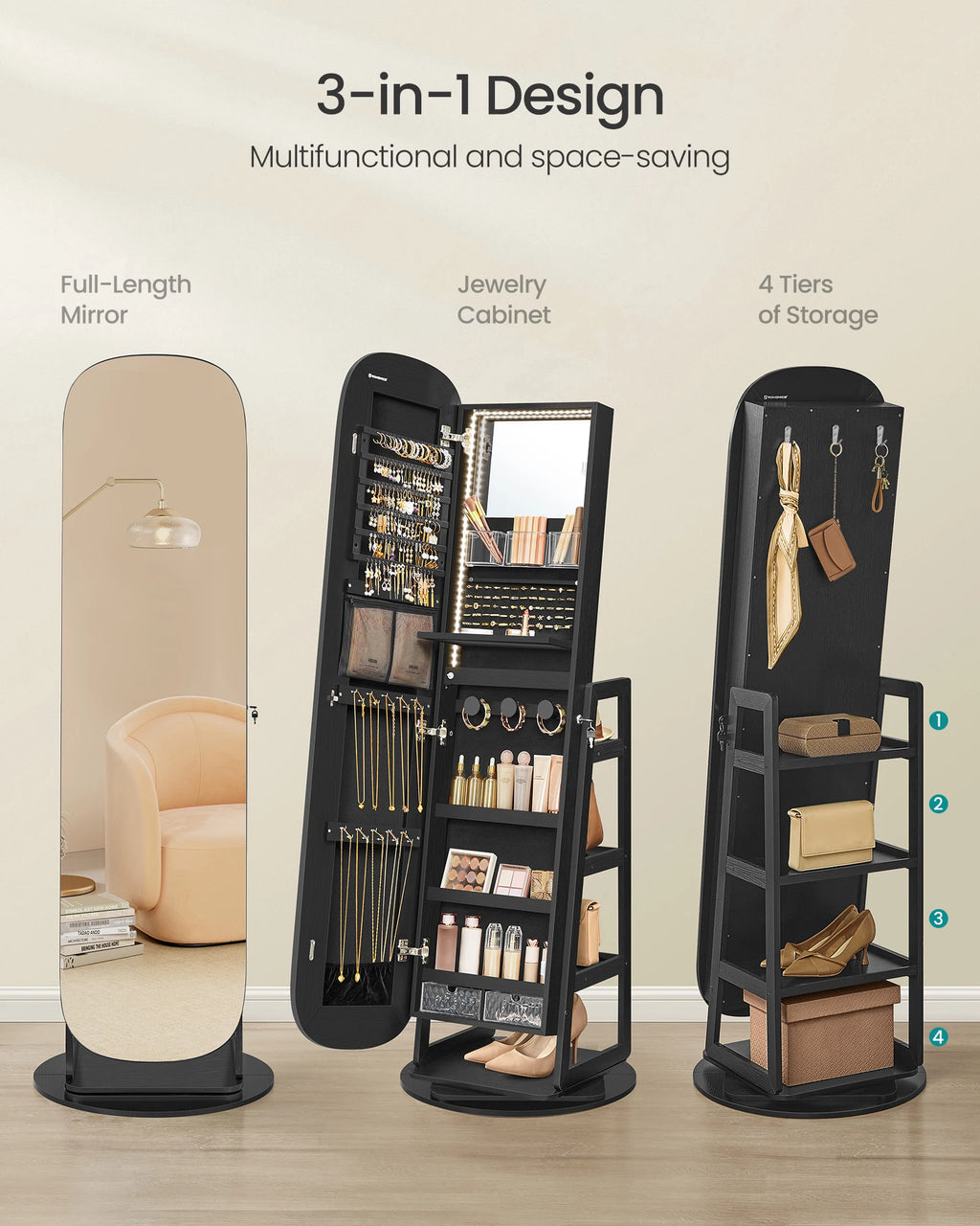 SONGMICS LED Jewelry Cabinet, 360° Swivel Jewelry Organizer, Lockable Mirror Jewelry Cabinet Standing, Interior Mirror