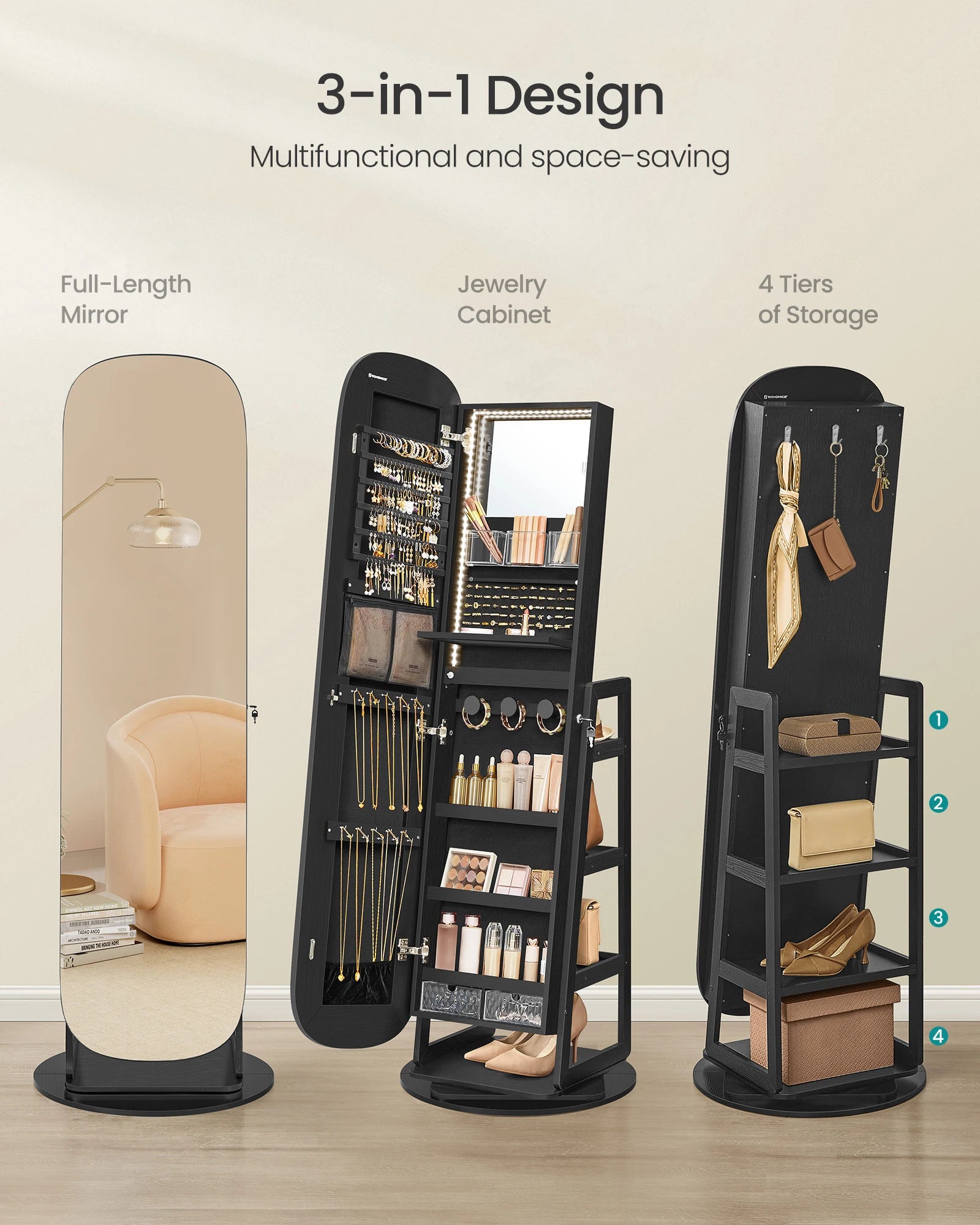 SONGMICS LED Jewelry Cabinet, 360° Swivel Jewelry Organizer, Lockable Mirror Jewelry Cabinet Standing, Interior Mirror