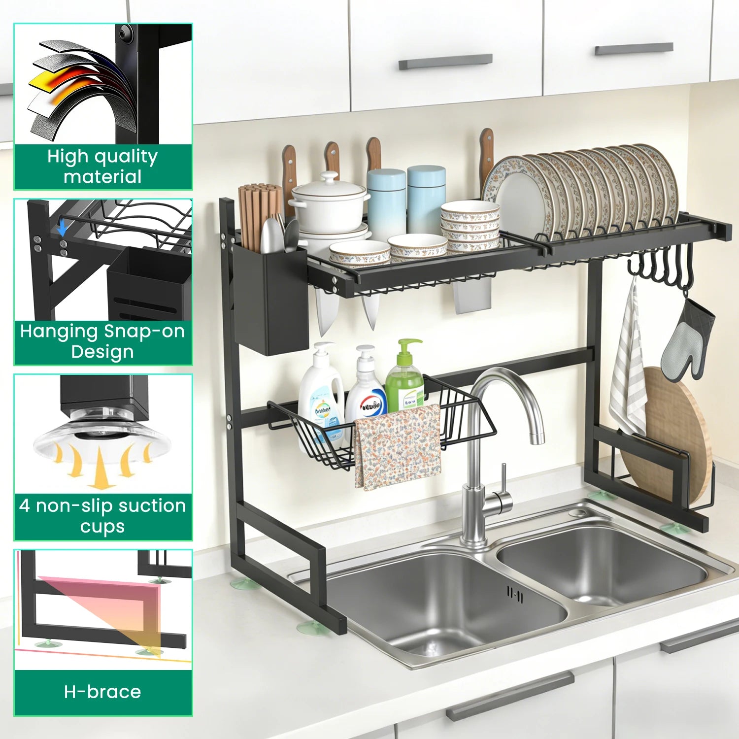 Dish Rack Above Sink - Two-Tier Large Capacity Draining Rack with Knife and Utensil Holder Home Decor