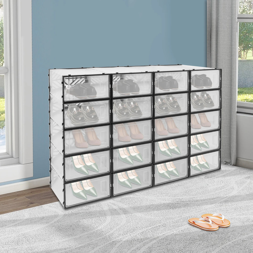 20 Pcs Shoe Storage Box Transparent PP Plastic Shoe Cabinet Moisture & Dust Proof Modern Organizer Black/White