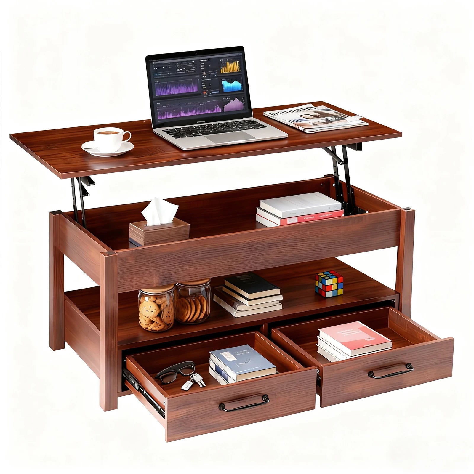JHK Lift Top Coffee Table with Drawers and Hidden Compartment Adjustable Height Small Coffee Table for Living Room with Storage