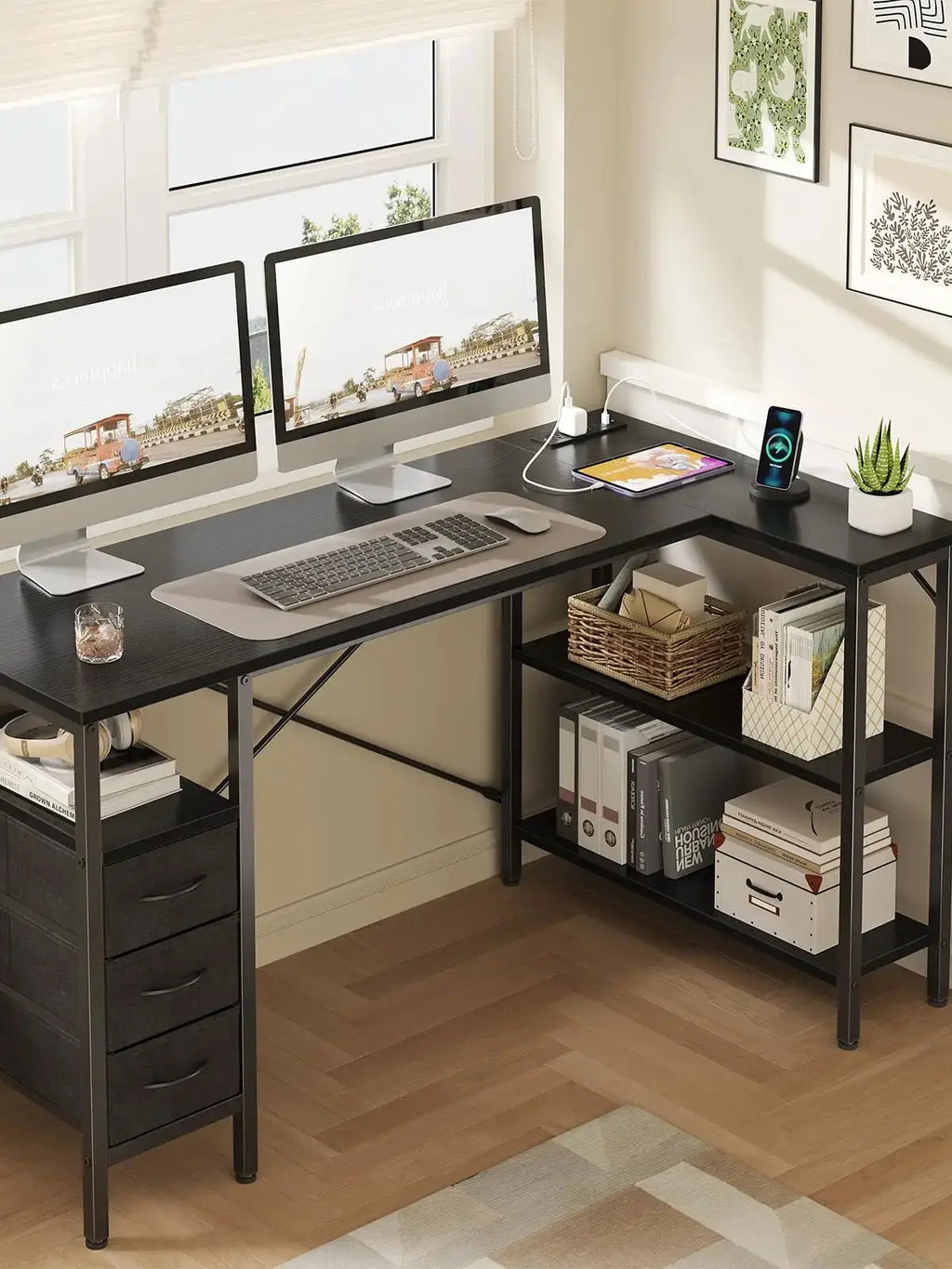 JHK L Shaped Desk with Shelf Drawers 55 Inch Corner Computer Desks Gaming with Power Outlet Adjustable Shelves Home Office Table