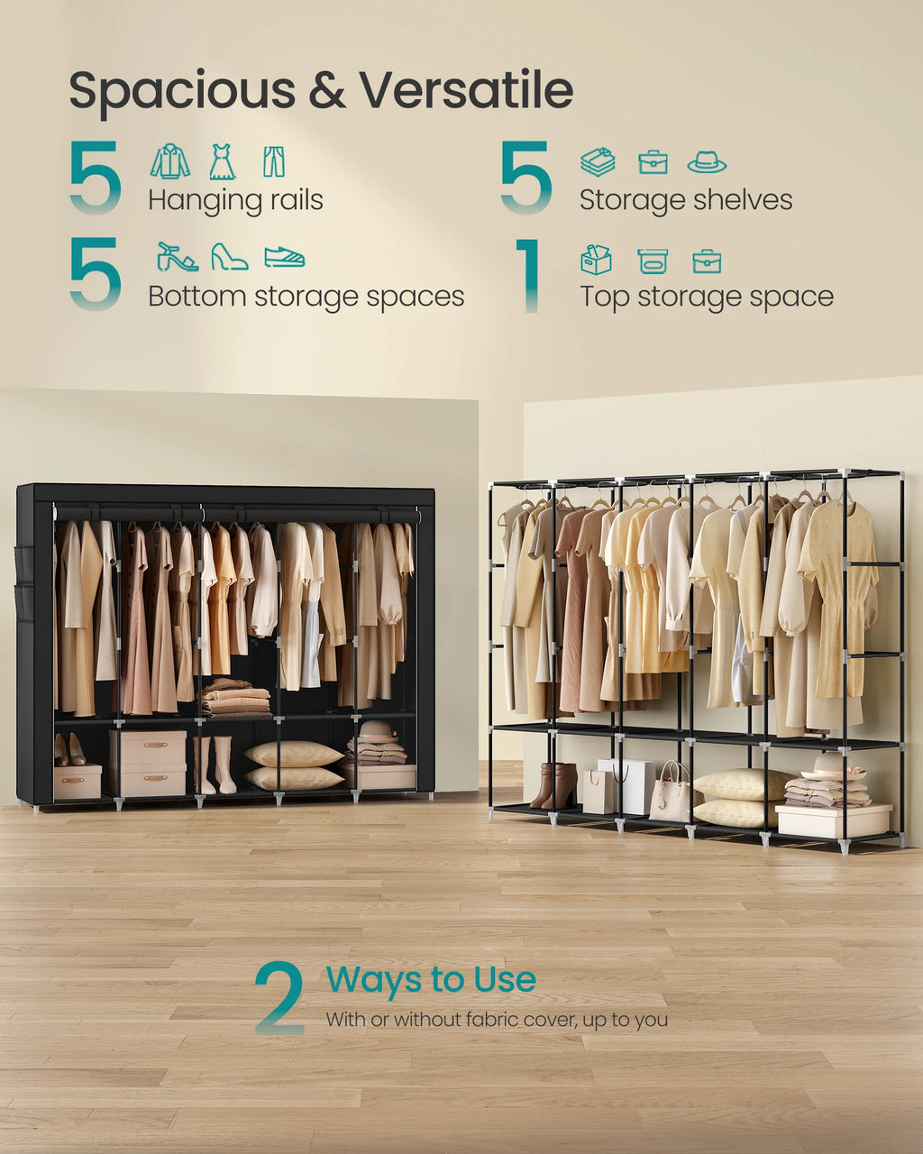 SONGMICS Portable Closet, Wardrobe Closet Organizer with Cover, 5 Hanging Rods and Shelves, 4 Side Pockets, 17.7 x 83 x 65.7 Inc