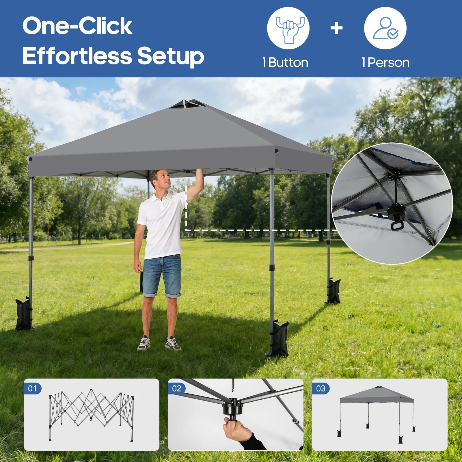 JHK 10x10ft One Push Setup Pop Up Canopy Tent Portable Outdoor Sun Shelter for Beach Events Camping with Rolling Carry Bag