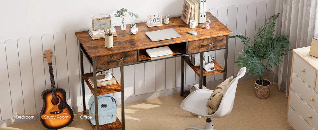 JHK 48 Inch Computer Gaming Desk with Fabric Drawers Storage Shelves Metal Frame Adjustable Feet Table For Bedroom Home Office