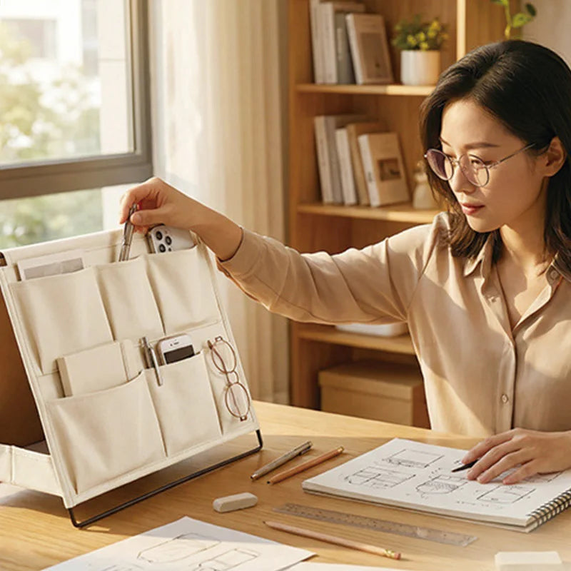 1pc Office Desk Storage Rack Multi-pocket Item Organizer Pen Holder Desktop Neat Foldable Storage Pocket Save Space