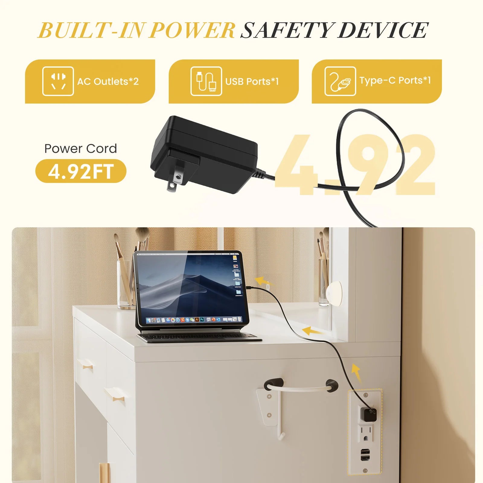 JHK Desser For Bedroom Vanity Desk with Mirror and Light Bulb or Strip LED Lights Adjustable Brightness with Charging Station