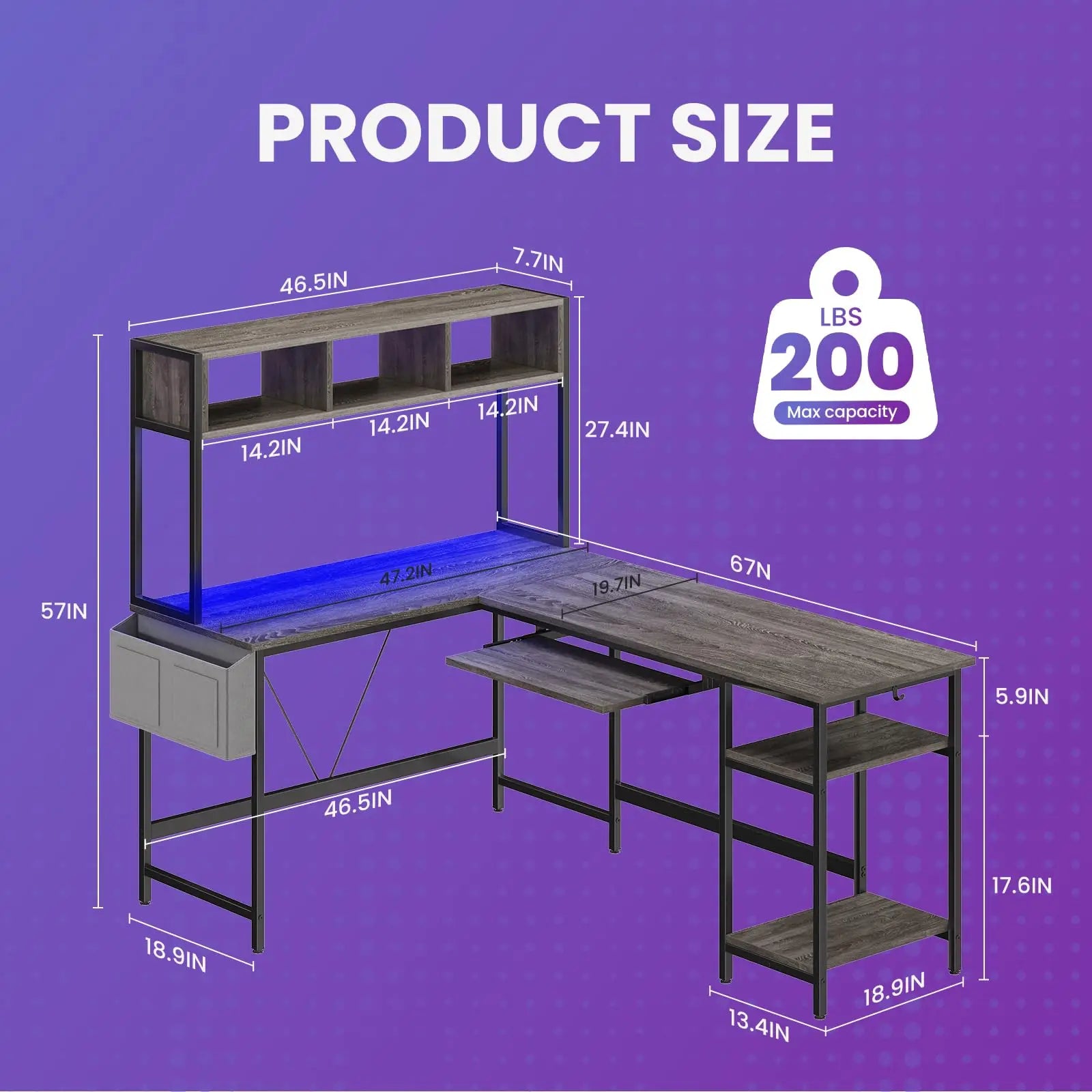 JHK 67IN L Shaped Reversible Gaming Desk with Led Lights Corner Table Keyboard Tray Side Bag Storage Shelf Wood Table for Office