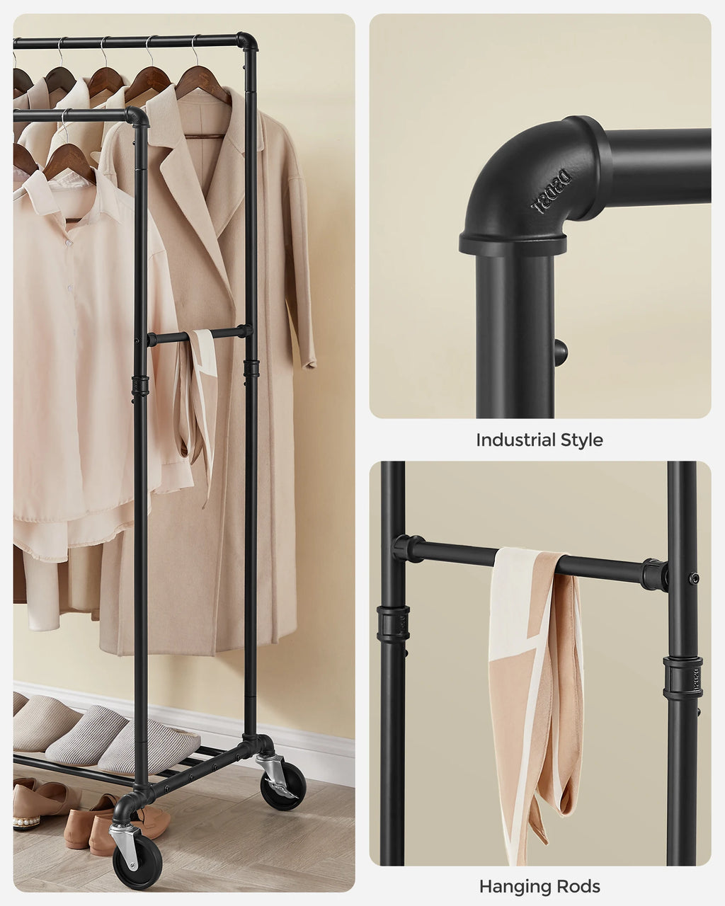 SONGMICS Heavy-Duty Clothes Rack, Double-Rod Clothing Rack for Hanging Clothes, Industrial Garment Rack on Wheels, Metal Frame,