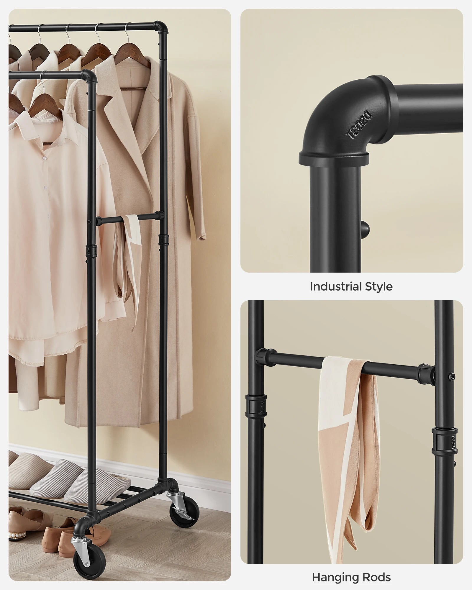 SONGMICS Heavy-Duty Clothes Rack, Double-Rod Clothing Rack for Hanging Clothes, Industrial Garment Rack on Wheels, Metal Frame,