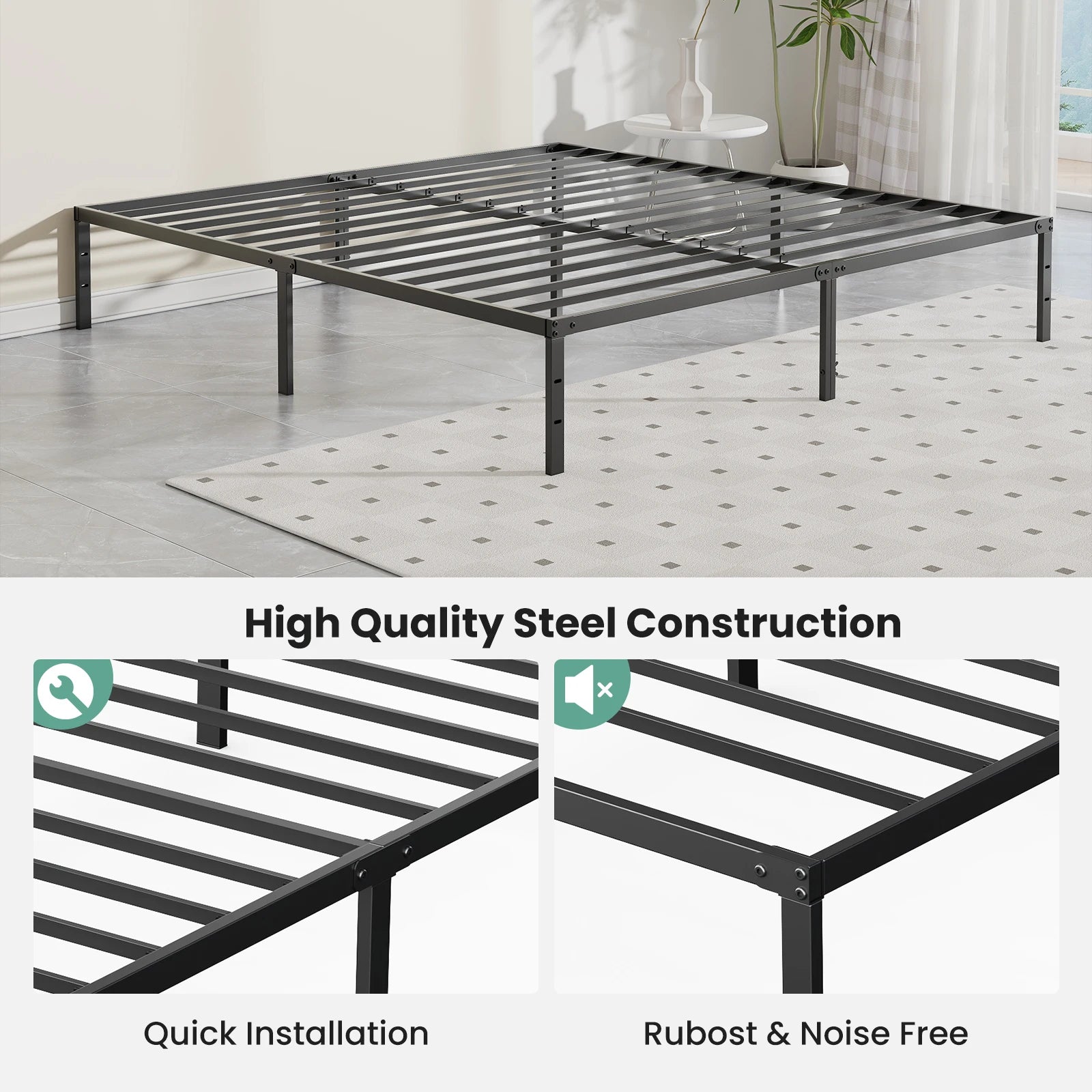 JHK Basic 12IN Twin Full Queen King Size Bed Frame Metal Platform Bedroom Frames with Storage Space Sturdy Steel Slat Support