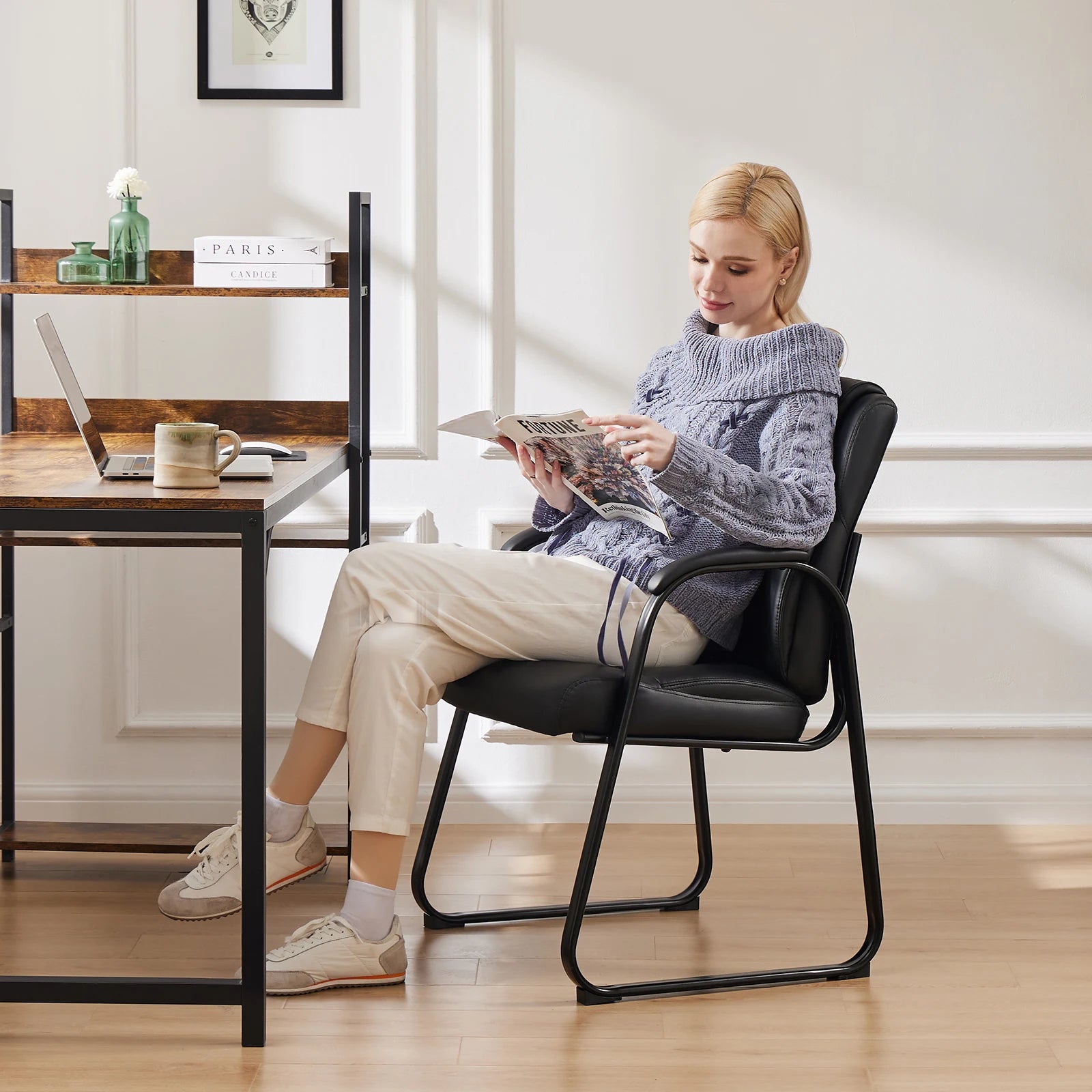 JHK Ergonomic Padded Backrest Living Room Gaming Chair Waterproof PU Leather Waiting Room Seat Thickened Sponge Cushion Arms