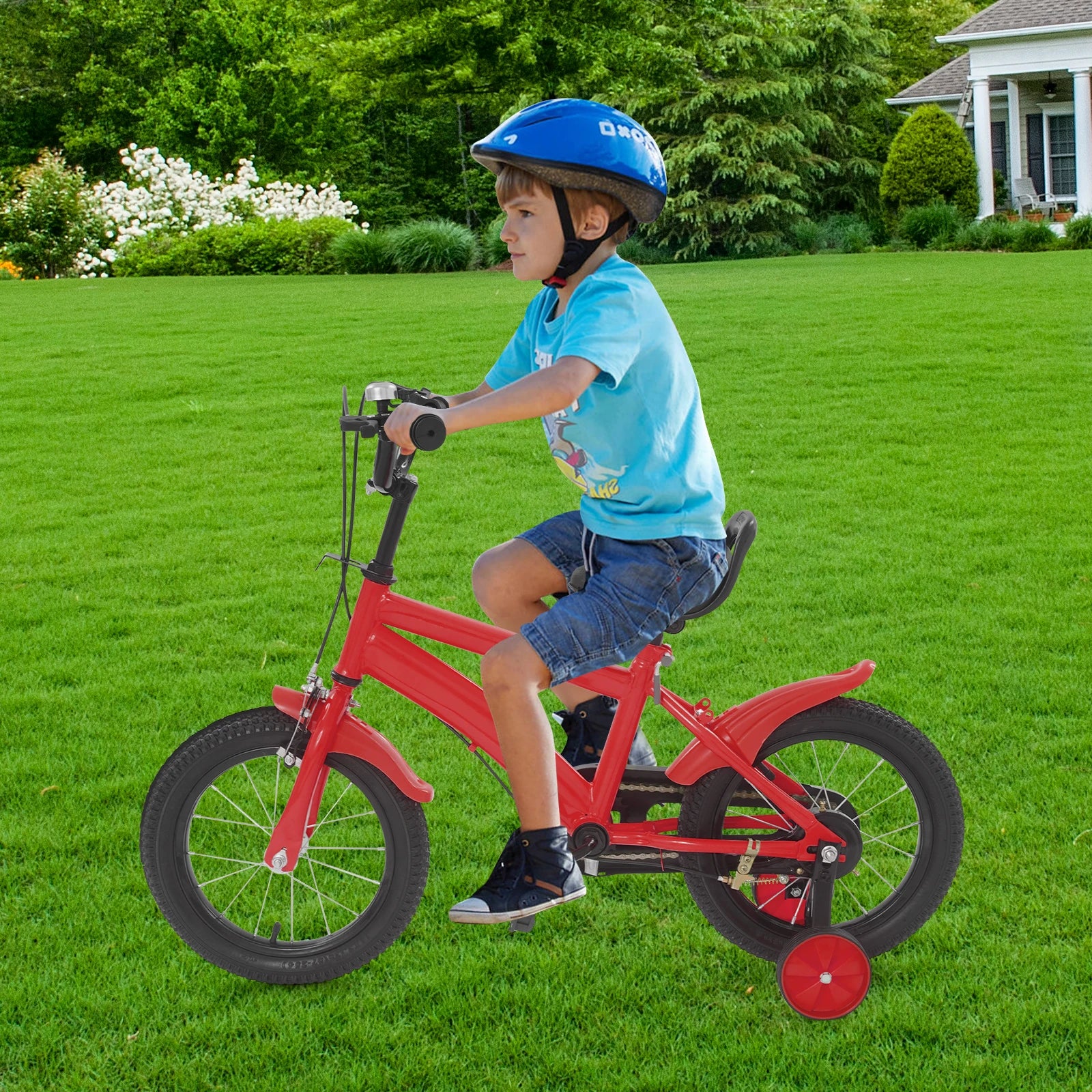 14 Inch Kids Bike w/ Training Wheels, Adjustable Seat Height Dual Brakes Children's Bicycle Kids Learning Bicycle for Boys Girls