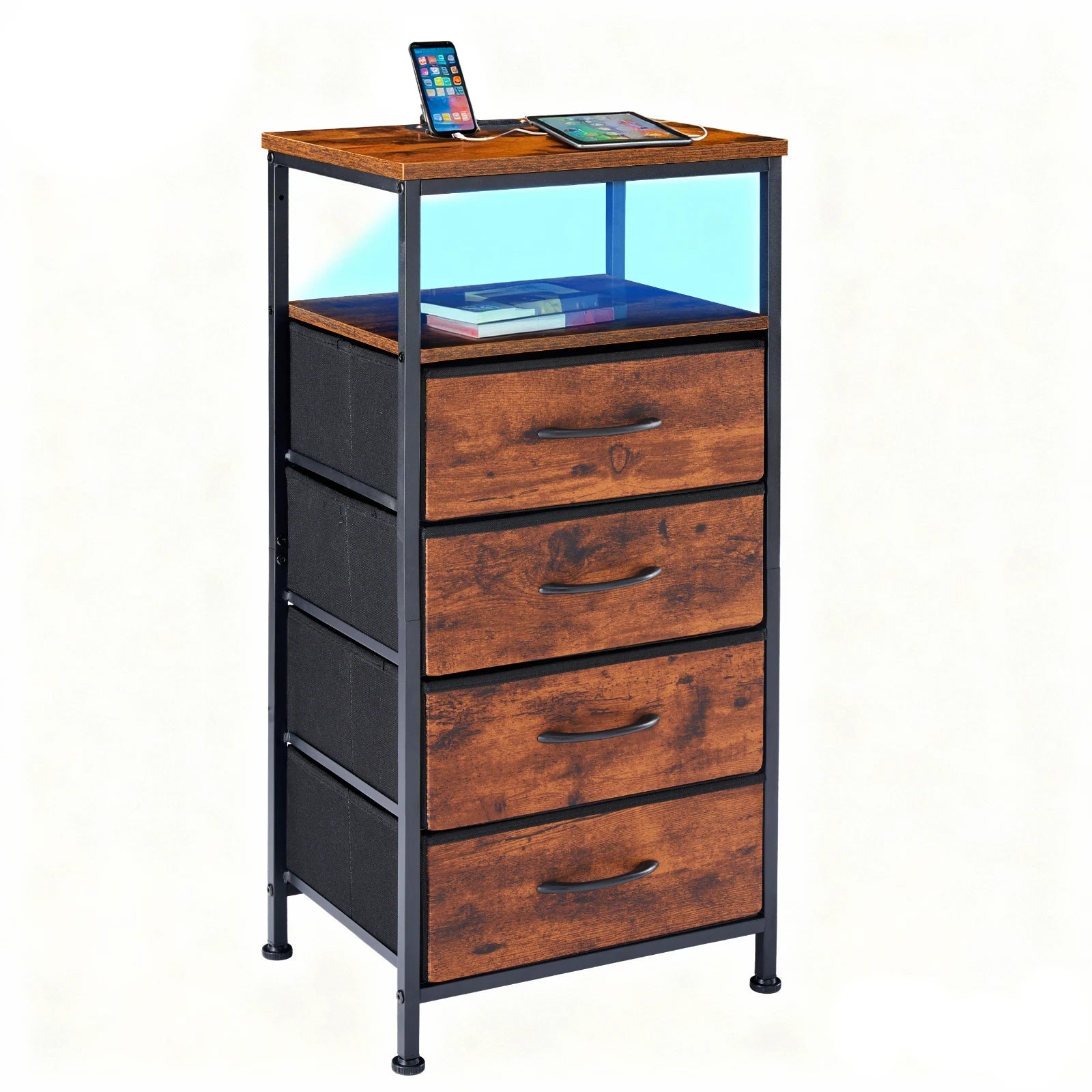 JHK Corner Table Cabinet with 4 Fabric Drawers Support USB/Type-C Ports and Outlets Adjustable Feet and Variable Light Strip