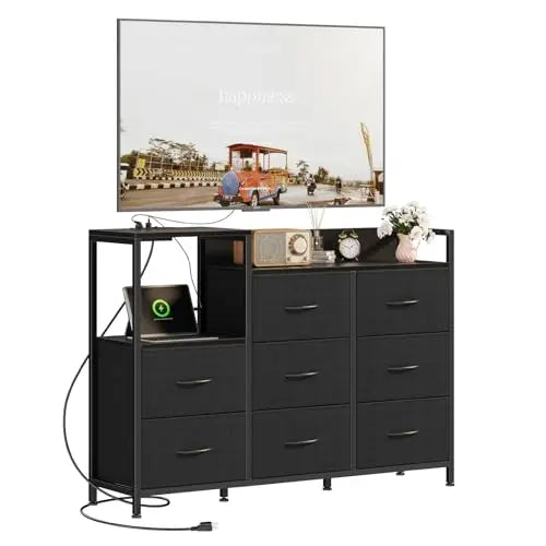JHK Cabinet With 8 Fabric Drawers TV Stand Metal Frame With Charging Station Entertainment Center TV Storage Display Furniture