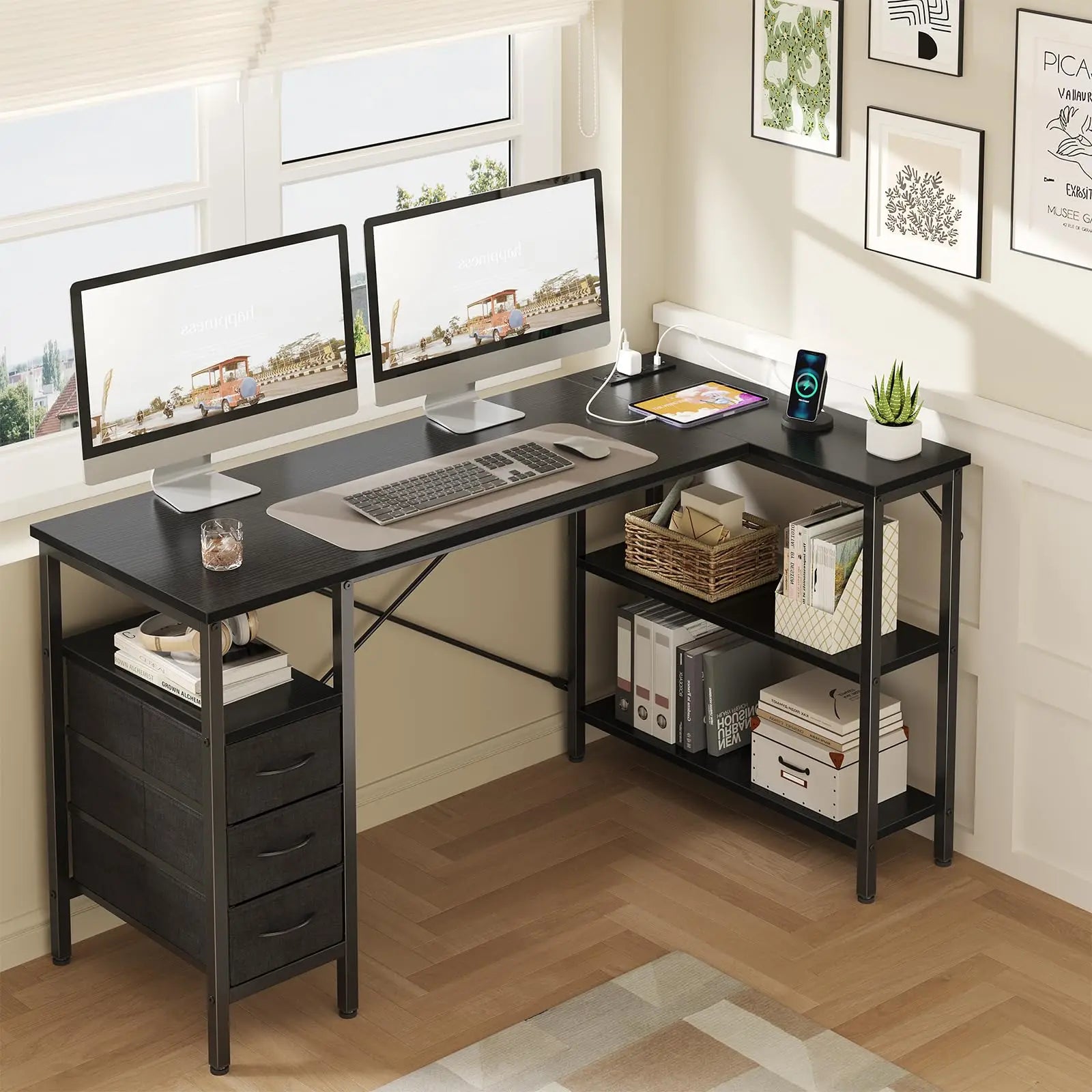 JHK L Shaped Desk with Shelf Drawers 55 Inch Corner Computer Desks Gaming with Power Outlet Adjustable Shelves Home Office Table