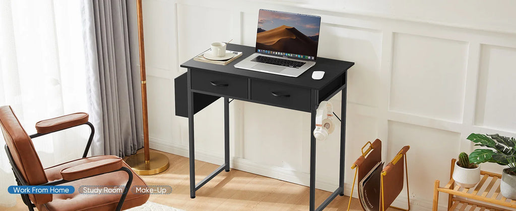 JHK 32 Inch Modern Office Computer Desk with Fabric Storage Drawers Space Side Bag Metal Frame Adjustable Feet For Home PC Table