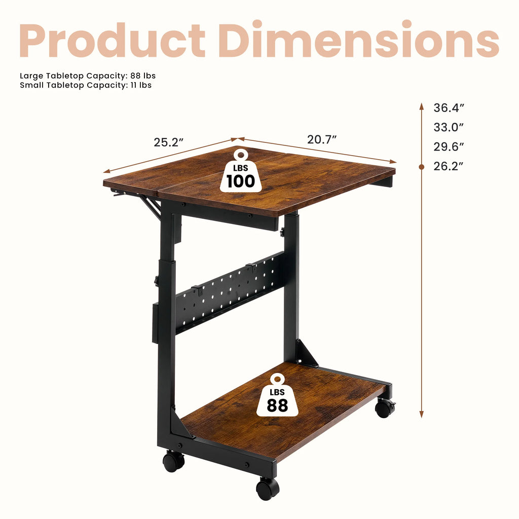 JHK 2-Tier Mobile Standing Sofa Desk 25IN Height Adjustable PC Stand with Folding Panel Rolling Computer Cart Desk For Home