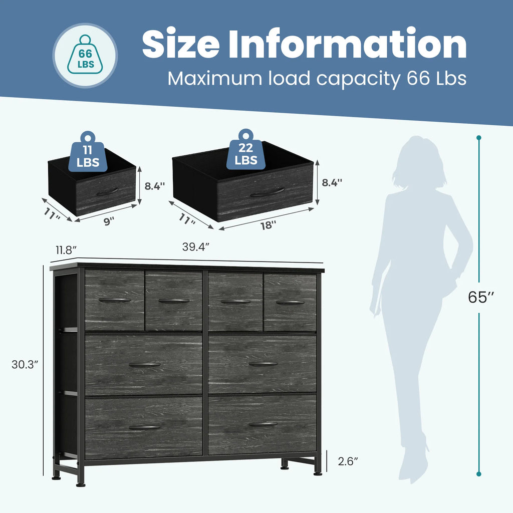 JHK Cabinet For Living Room With 8 Fabric Drawers Spacious Storage Tower for Closet TV Stand with Wood Top and Mental Frame