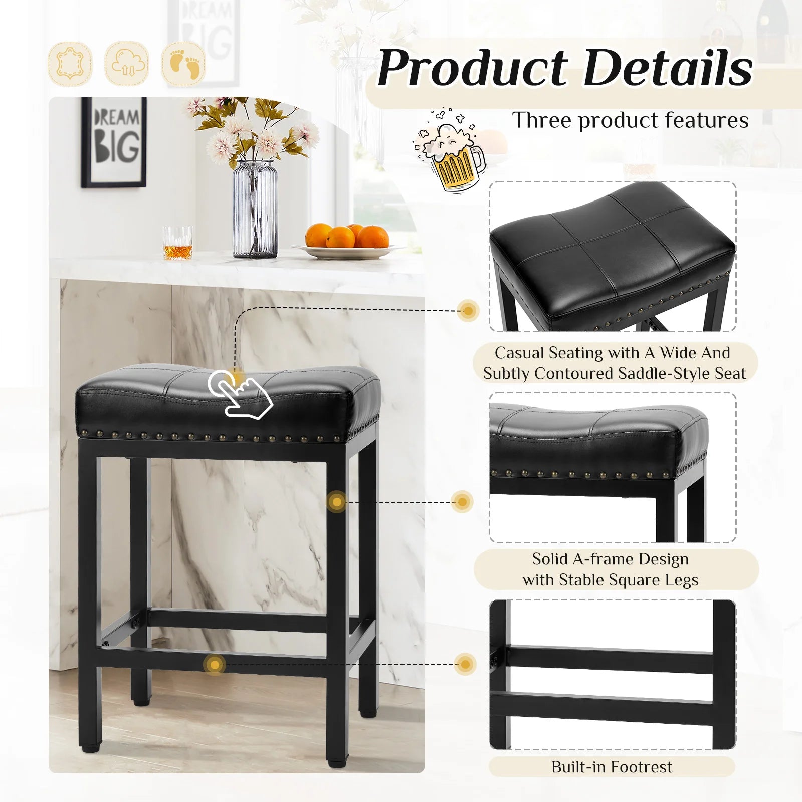 JHK Bar Stools Saddle-Style Pu Leather Upholstered Chair Counter Height Bar Stools with Metal Base Saddle Stools For Kitchen