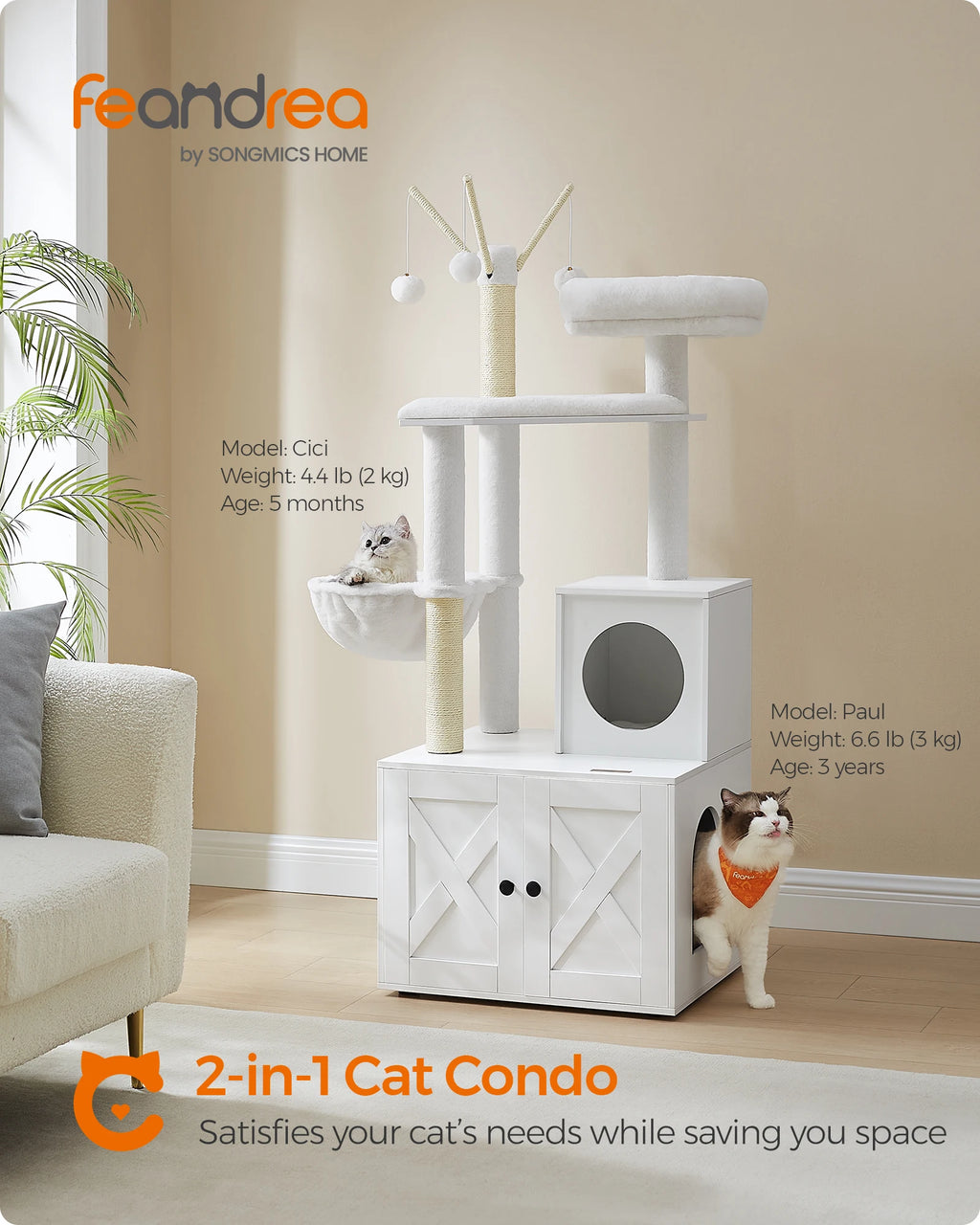 Feandrea Cat Tree with Litter Box Enclosure, 59-Inch Modern Cat Tower, 2-in-1 Condo with Scratching Posts, Washable Removable Cu