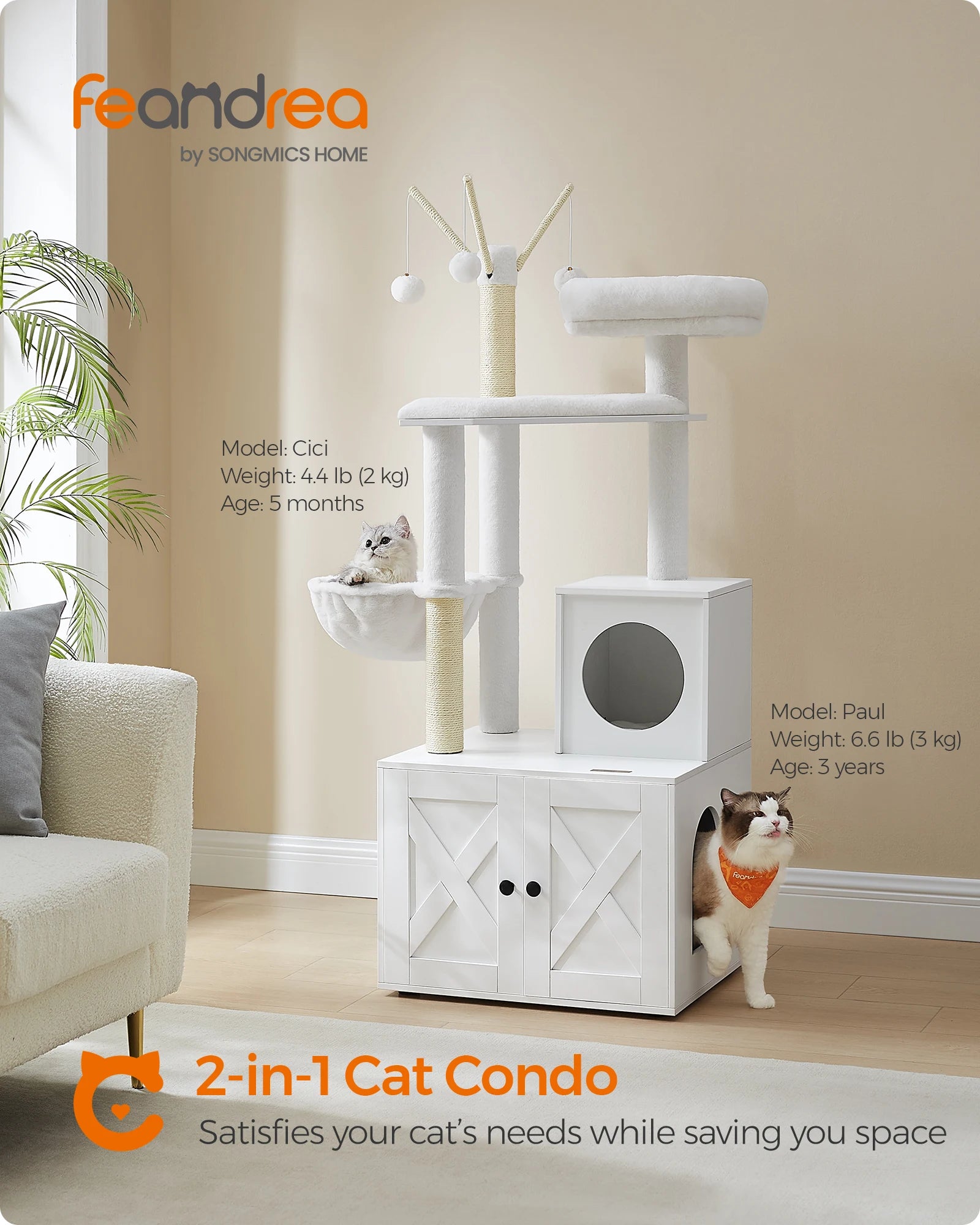 Feandrea Cat Tree with Litter Box Enclosure, 59-Inch Modern Cat Tower, 2-in-1 Condo with Scratching Posts, Washable Removable Cu