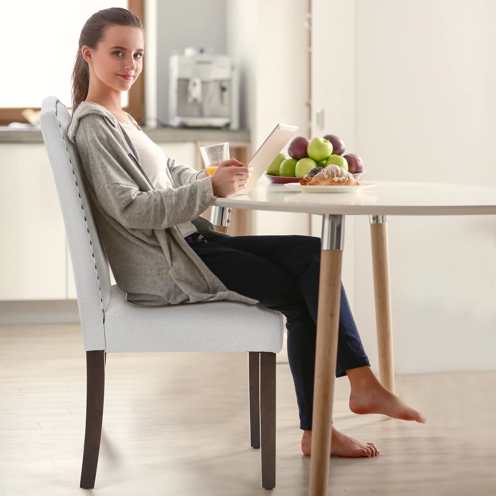 JHK Dining Chairs Padded Backrest Set Of 2 Thickened Sponge Cushion  Upholstered Fabric Kitchen Chairs With Nailhead Trim Home
