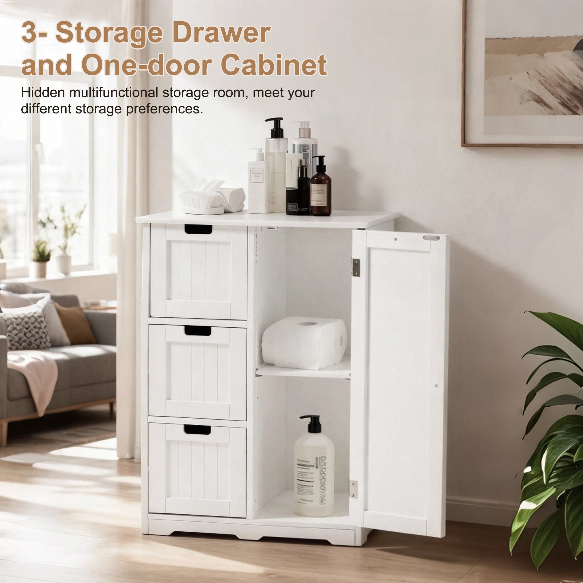 JHK Wooden Storage Cabinet with 3 Drawers and a Cupboard Bathroom Floor Cabinet Freestanding Cupboard for Home Living Room