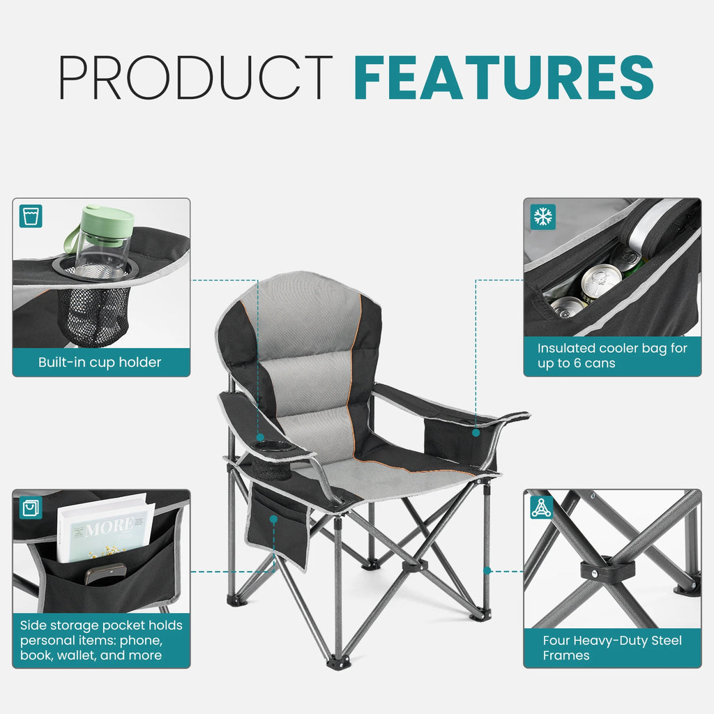JHK Heavy Duty Camping Chair 450lbs Capacity Portable Folding Chair with Cup Holder Sturdy Steel Frame Outdoor Chair for Camping