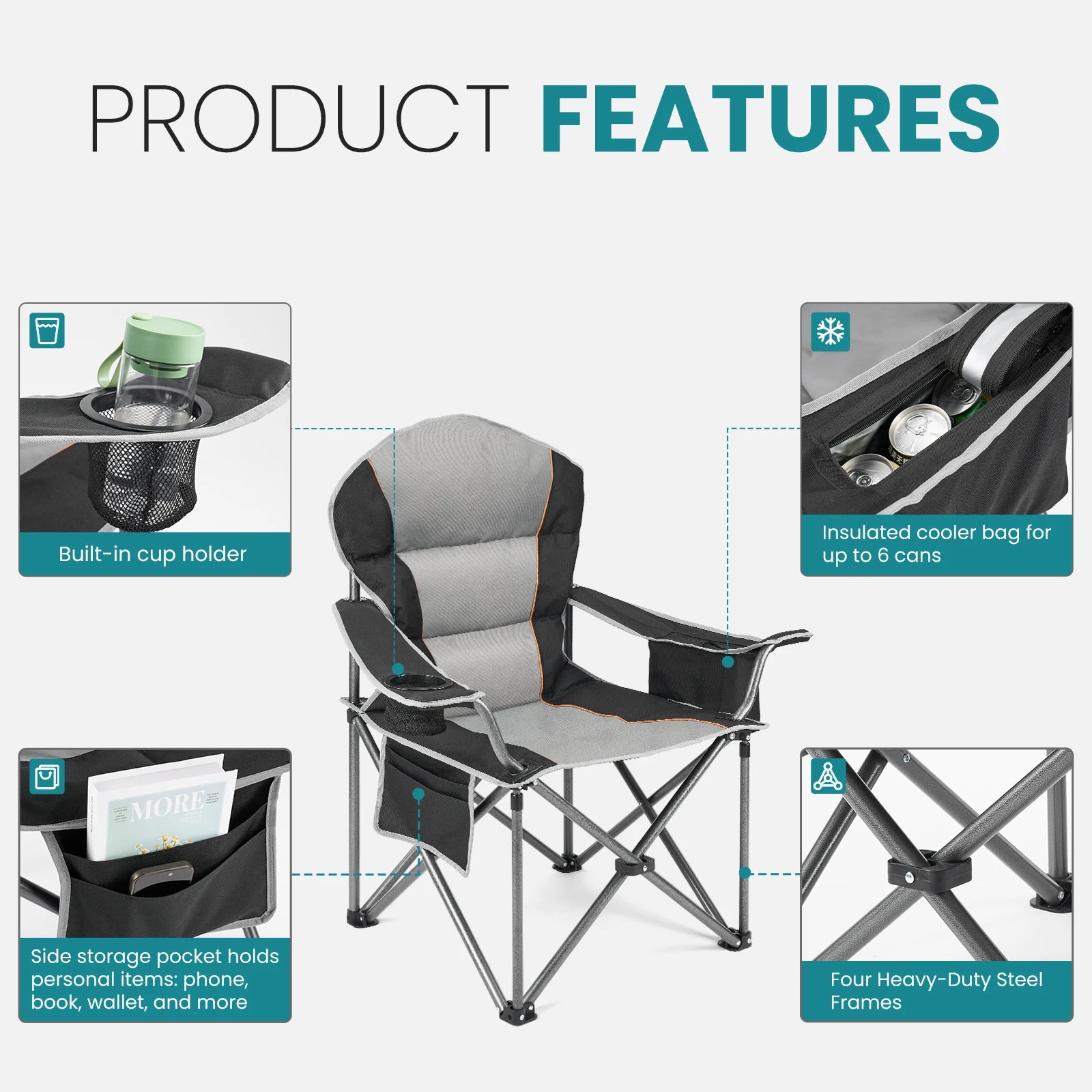 JHK Heavy Duty Camping Chair 450lbs Capacity Portable Folding Chair with Cup Holder Sturdy Steel Frame Outdoor Chair for Camping