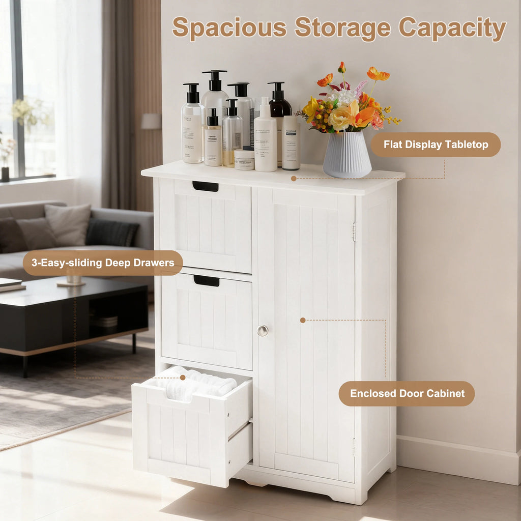 JHK Wooden Storage Cabinet with 3 Drawers and a Cupboard Bathroom Floor Cabinet Freestanding Cupboard for Home Living Room