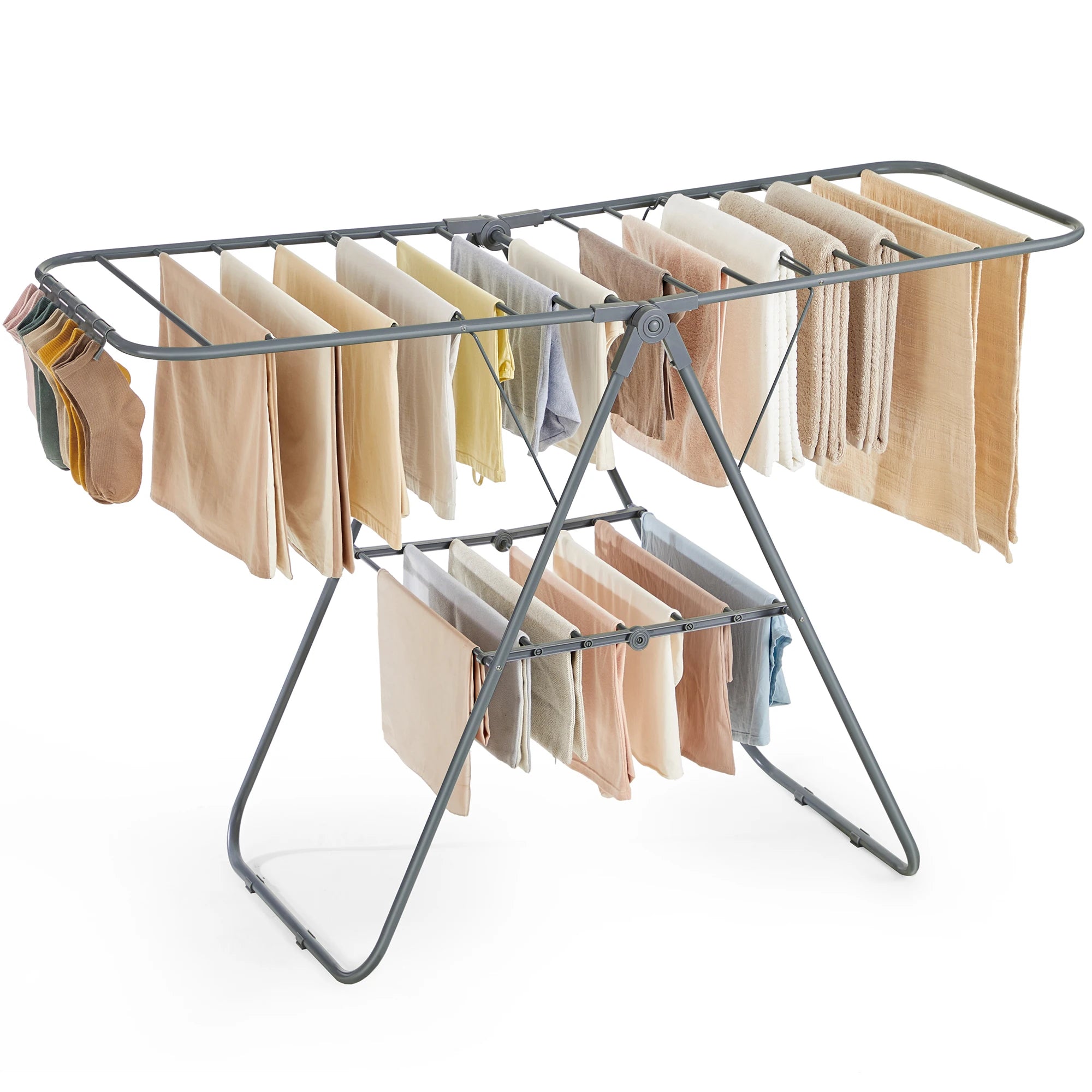 SONGMICS Clothes Drying Rack, with Sock Clips, Metal Laundry Rack, Foldable, Space-Saving, Free-Standing Airer, with 2 Height-Ad