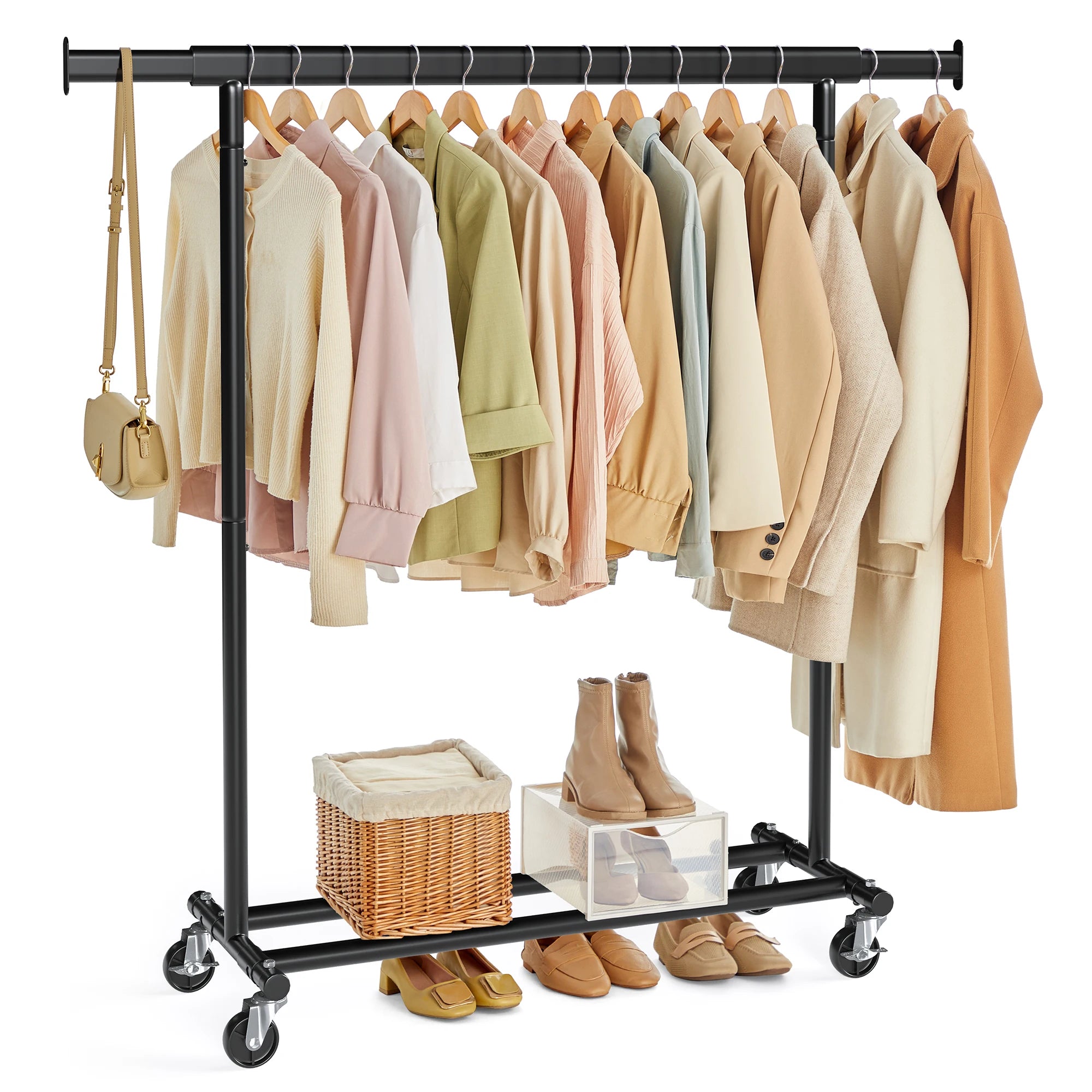 SONGMICS Clothes Rack with Wheels, Heavy-Duty Clothing Rack for Hanging Clothes, Portable, 17.7 x (36.2-52) x 63.6 Inches, with