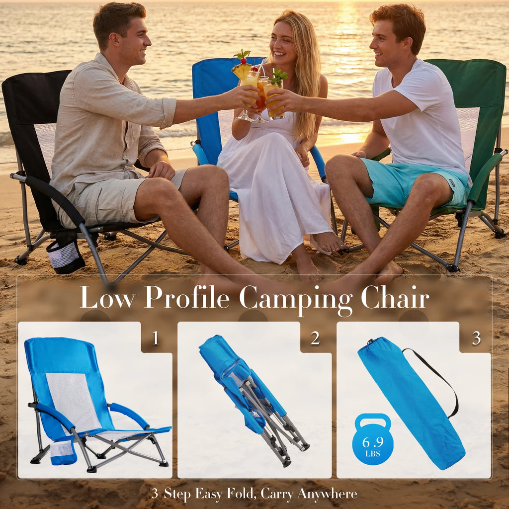 JHK Portable Low Beach Camping Chair Folding Chair with Cup Holder Padded Armrests Sturdy Steel Frame Outdoor Picnic Chair