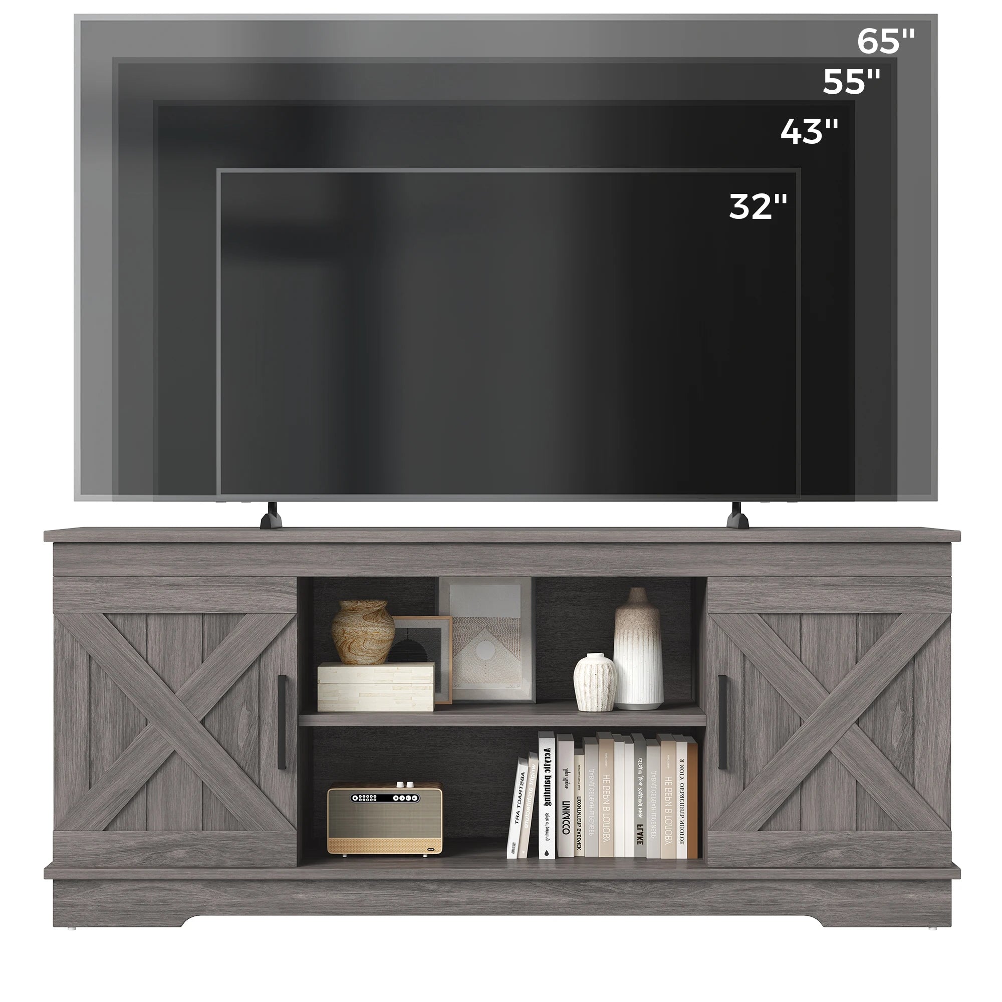 JHK 58IN Wooden TV Stand For Up To 65 Inch TV Double Door Cabinet Entertainment Center Media Console 2 Storage For Living Room