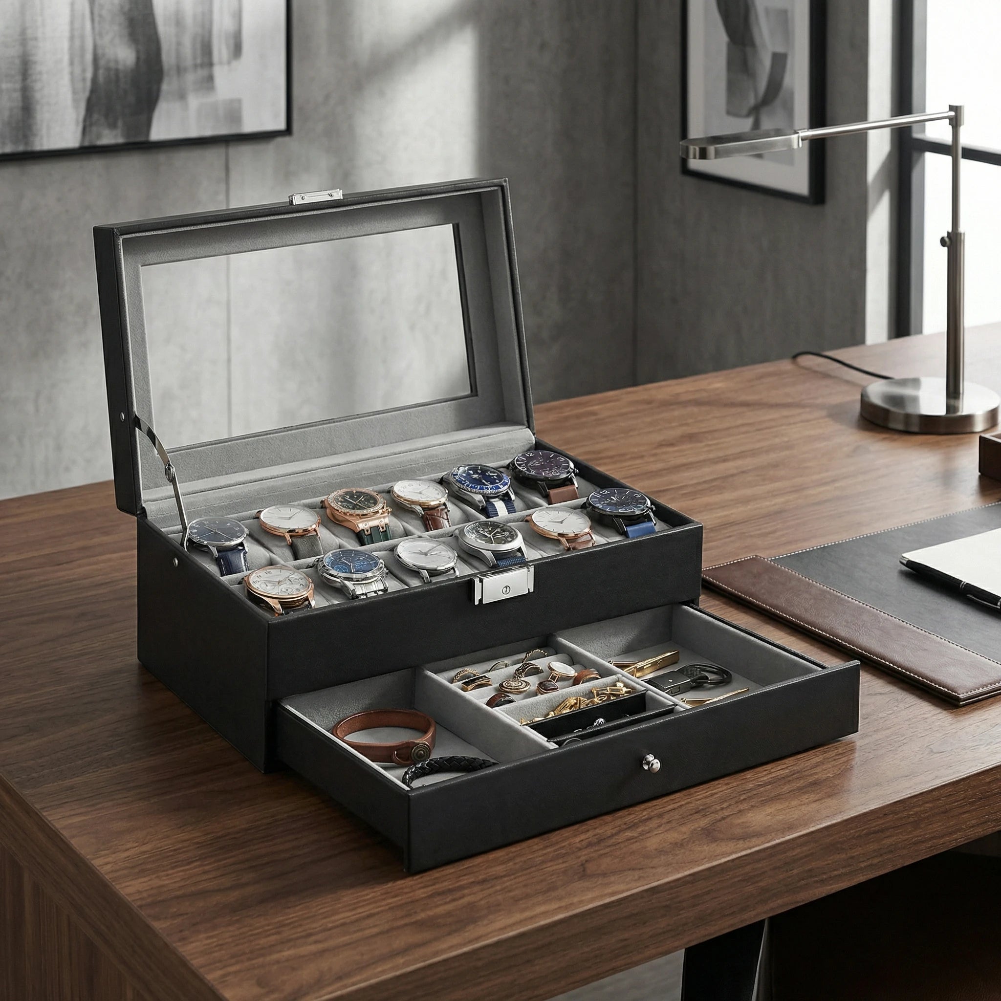 SONGMICS Watch Box, 12-Slot Watch Case Organizer with Large Glass Lid, 2 Layers, Removable Pillows, Metal Lock
