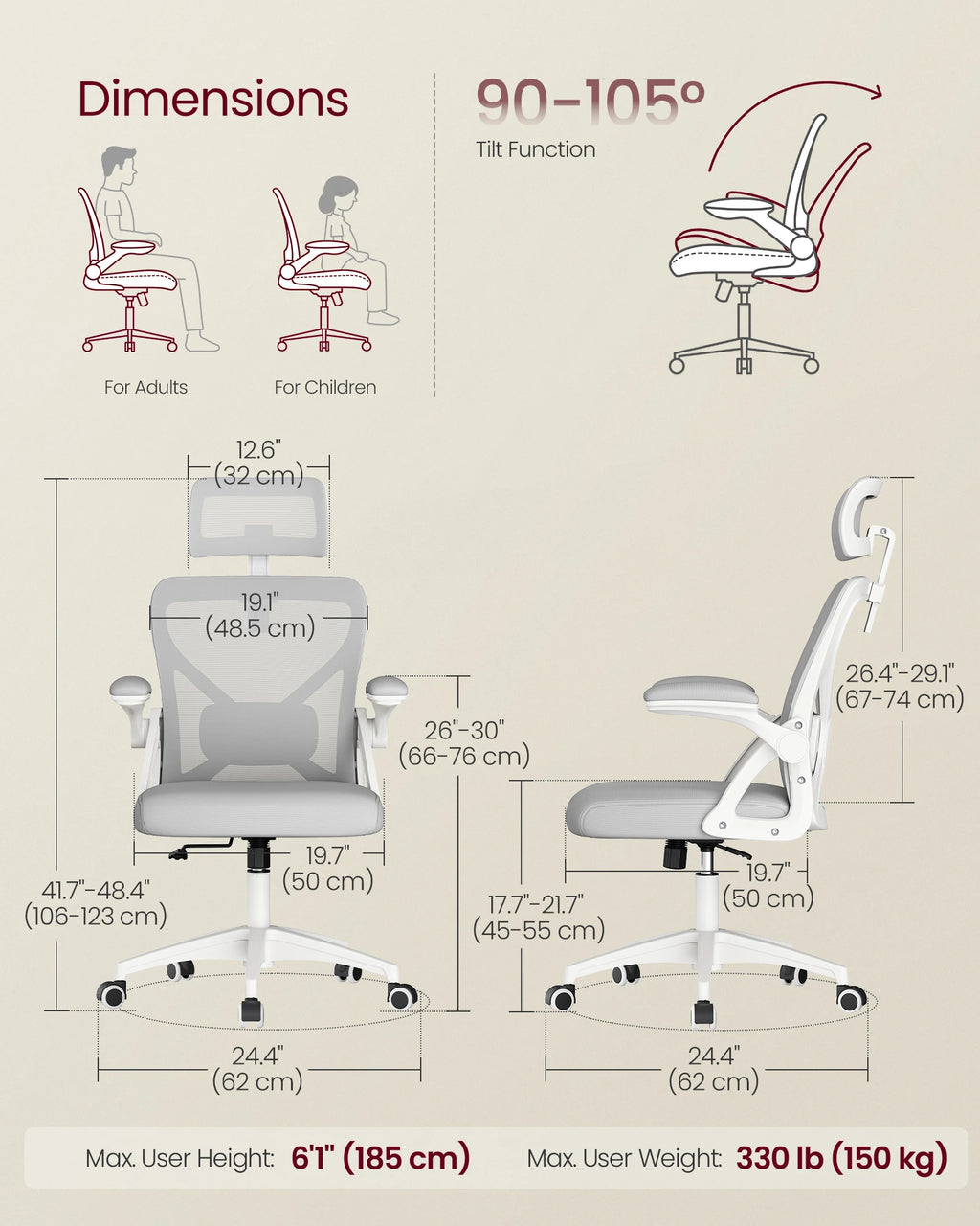 VASAGLE Ergonomic Mesh Office Chair with Adjustable Lumbar Support and Headrest, 90-105° Tilt Function, Wide Seat, Flip‑Up Armr