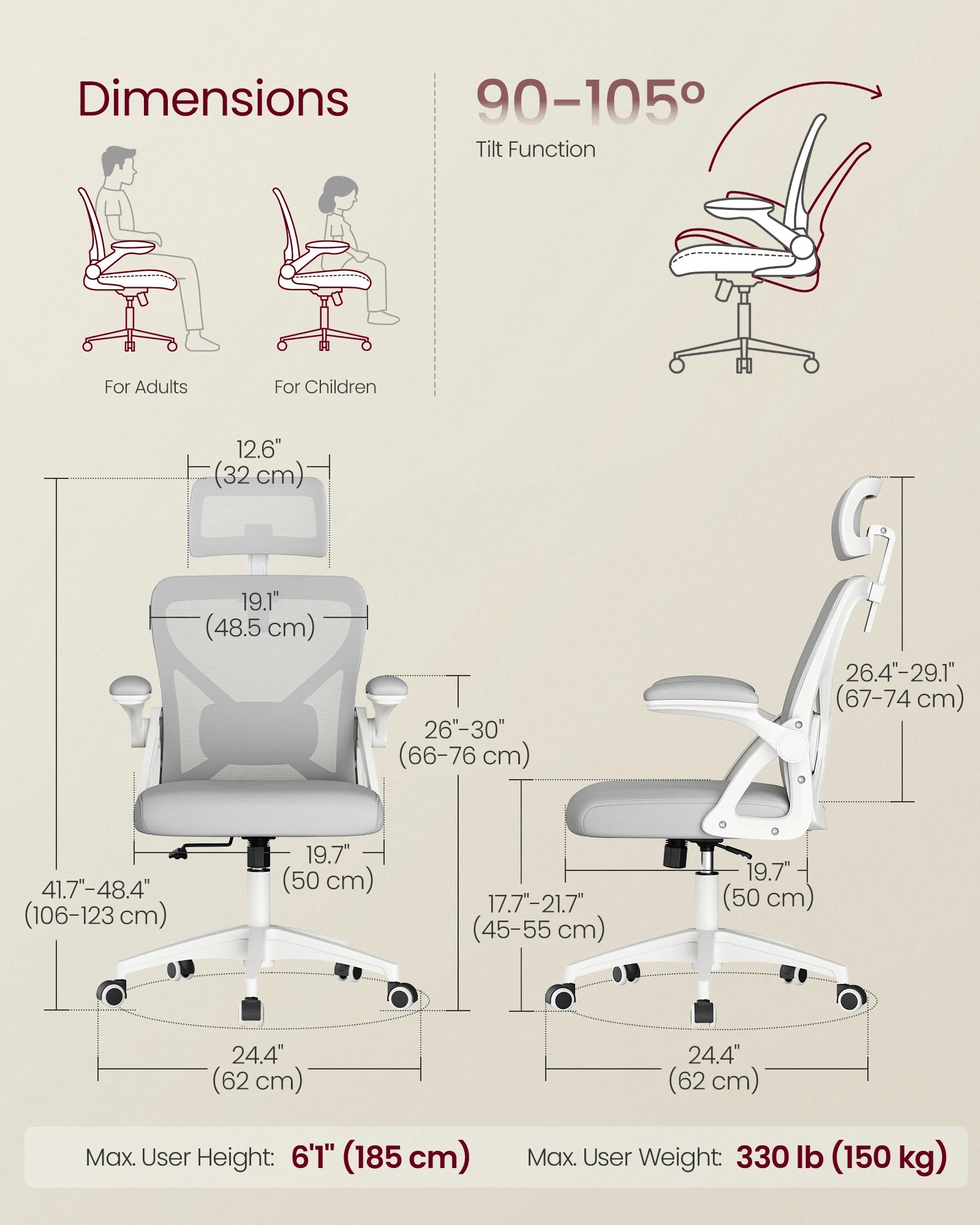 VASAGLE Ergonomic Mesh Office Chair with Adjustable Lumbar Support and Headrest, 90-105° Tilt Function, Wide Seat, Flip‑Up Armr