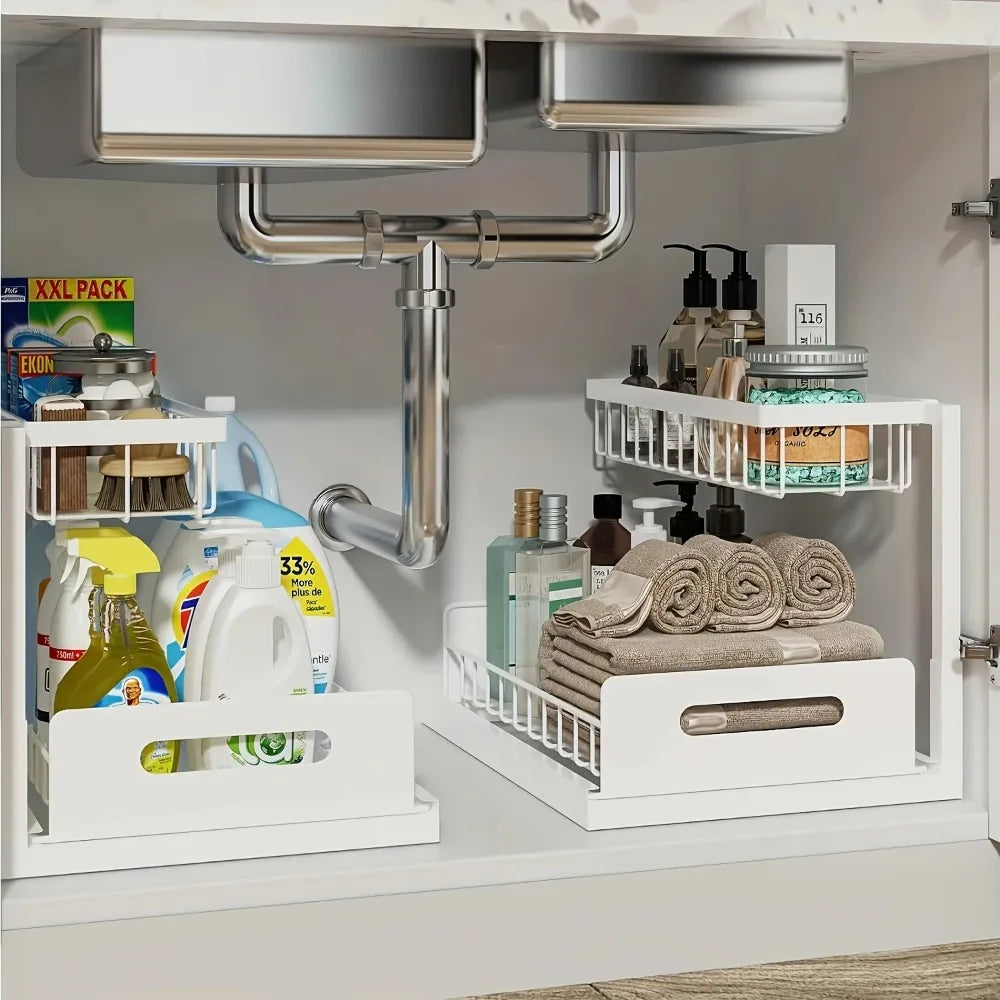 Kitchen Double-Layer Sliding Sink Under-Sink Shelf for Home Use Pull-Out Cabinet Storage Rack for Kitchen and Bathroom Storage