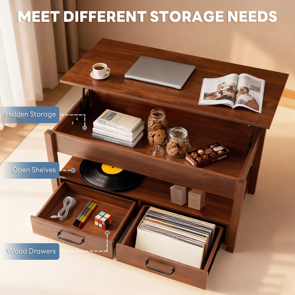 JHK Lift Top Coffee Table with Drawers and Hidden Compartment Adjustable Height Small Coffee Table for Living Room with Storage