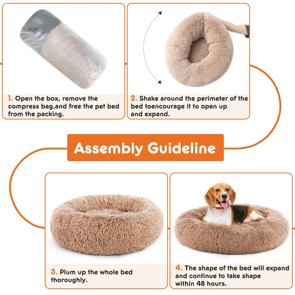 JHK Round Plush Faux Fur Calming Dog Bed for Medium to Large Dogs Washable Large Pet Bed Anti-Slip Fluffy Dog Bed For Home