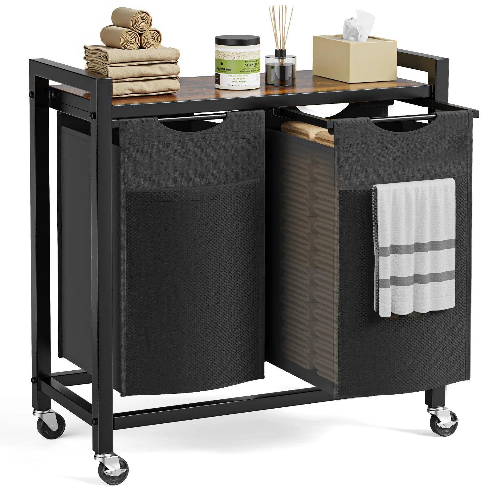 JHK 29IN Cabinets with Movable Wheels Metal Frame and Pull-Out Removable Sorter Bags Clothes Basket Organizer for Furniture